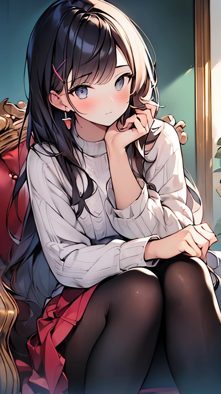 (masterpiece, highest quality, detailed drawing, official art, beautiful and aesthetic:1.2), 1 girl,((The gesture of brushing up one&#39;s bangs)),sitting with one&#39;s knees