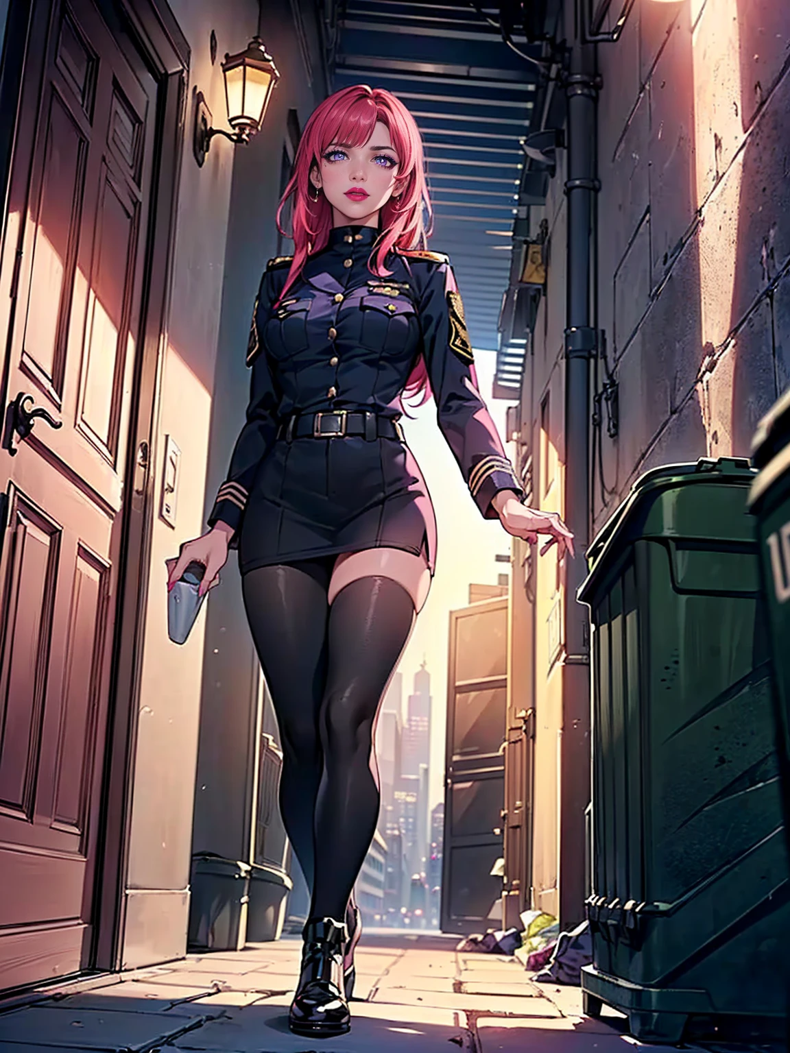 ((solo, 1woman, TakashiroHiroko, dark purple eyes, red hair, pink lipstick, Extremely detailed, ambient soft lighting, 4k, perfect eyes, a perfect face, perfect lighting, a 1girl)), ((solo, (1woman, pink lipstick), Extremely detailed, ambient soft lighting, 4k, perfect eyes, a perfect face, perfect lighting, a 1girl)), (((Black SWAT uniform, city, alley, door, trash cans, new york)))