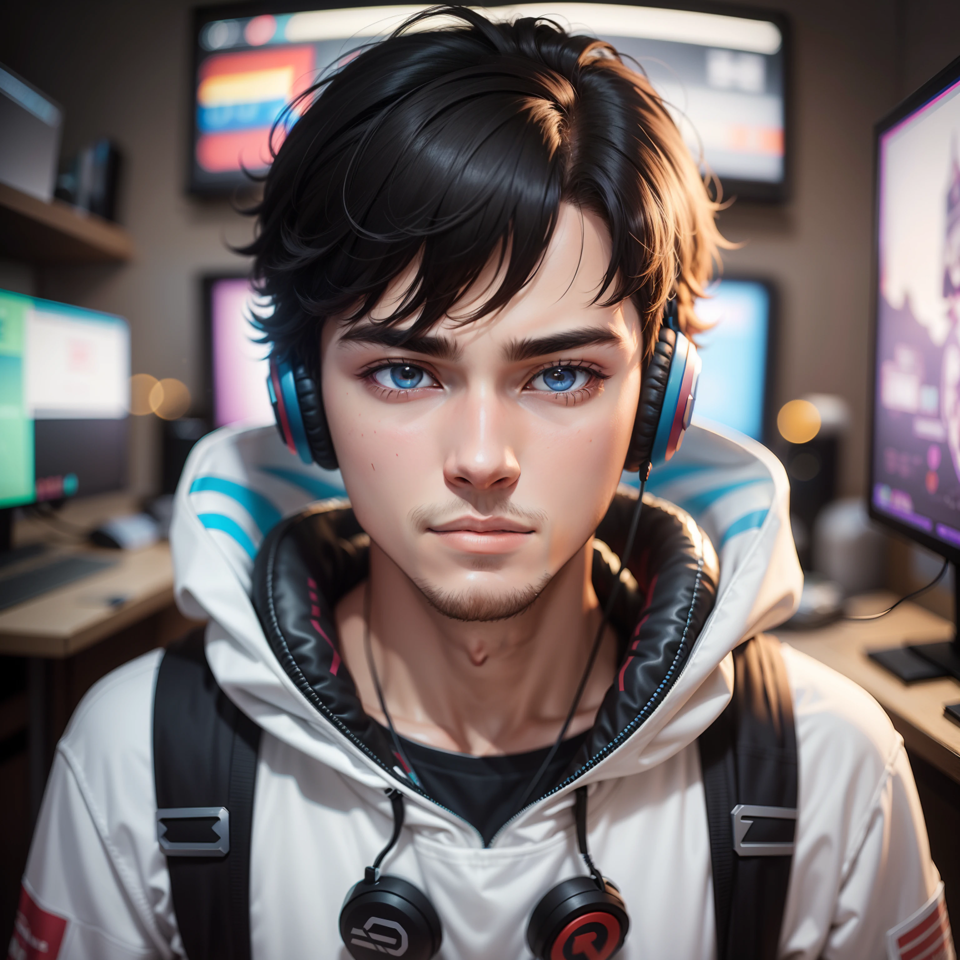 a man, 20 years old, gamer, streamer, he's using a headset, pov, 1990 anime style, high quality, 8k, vibrant colors