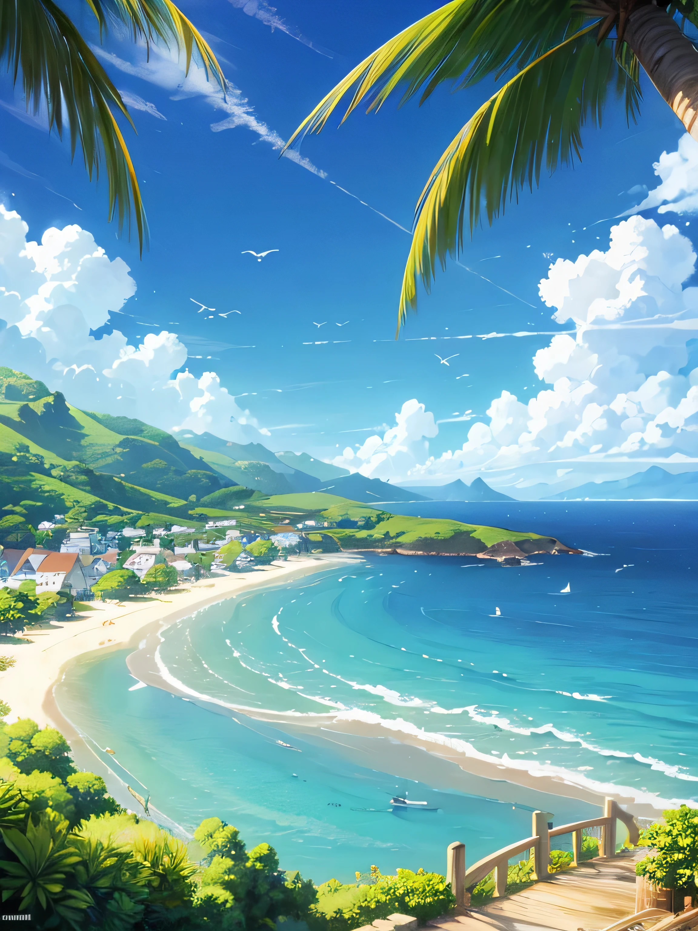 very detail painting, small village harbor, a distance sailing boat, breeze winds, beautiful puffy clouds, peaceful summer, incredibly beautiful anime landscape, calm morning, distance forest hills, distance sea cliff, coconut trees, beautiful anime landscape, view from above, anime movie background, high quality desktop wallpaper, landscape wallpaper