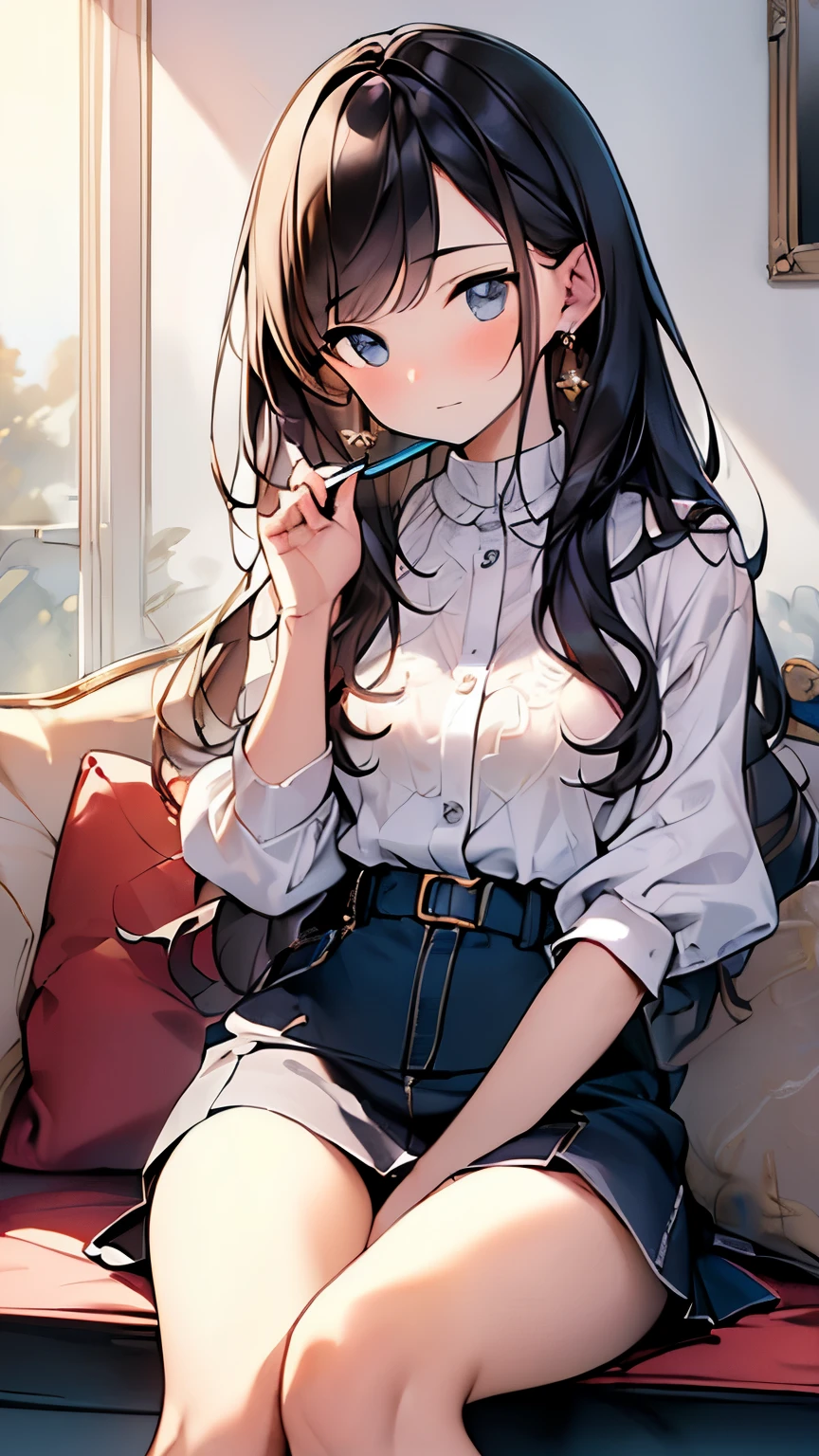 (masterpiece, highest quality, detailed drawing, official art, beautiful and aesthetic:1.2), 1 girl,((The gesture of brushing up one&#39;s bangs)),sitting with one&#39;s knees