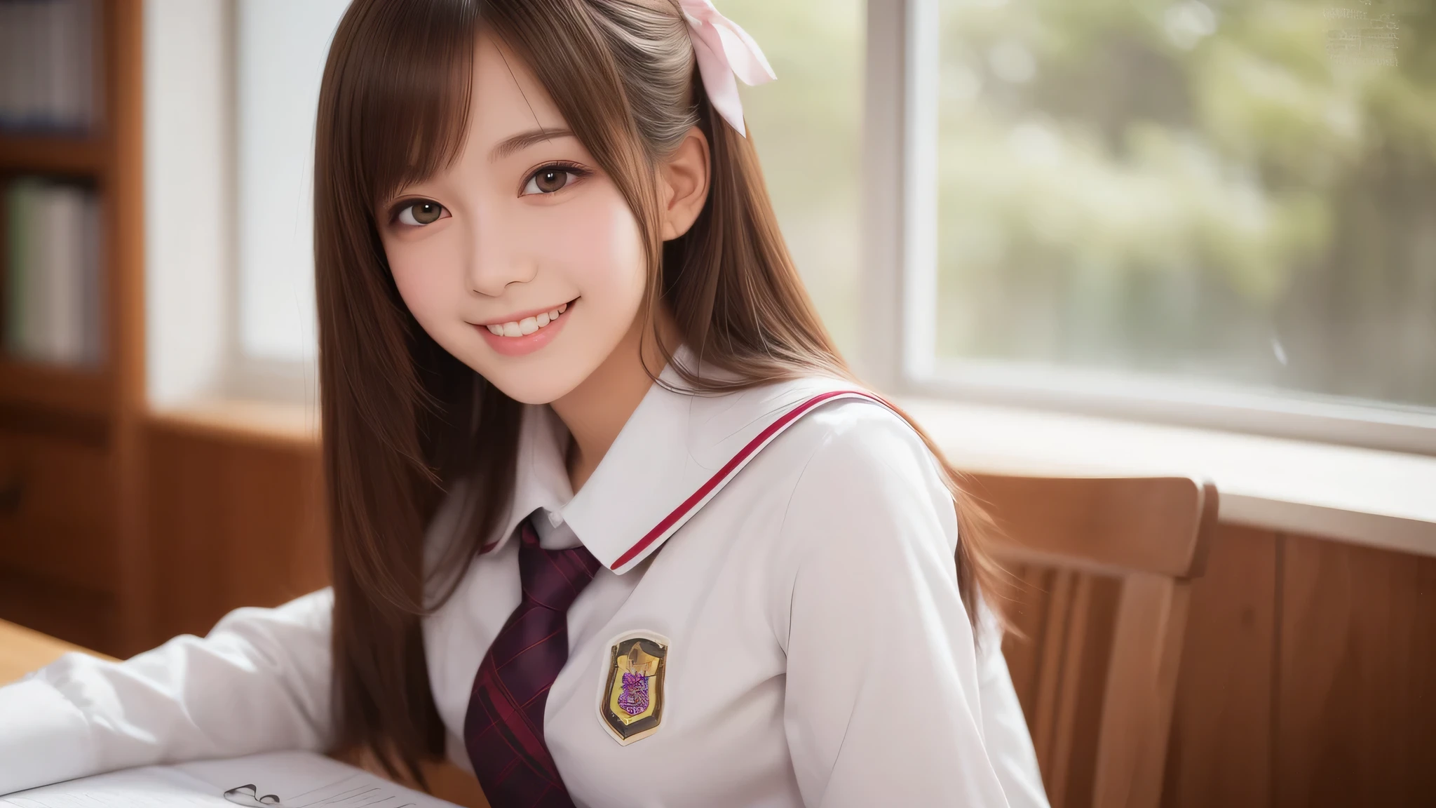 (1 girl), (big round eyes), brown eyes, (high School uniform:1.2), (highest quality: 1.4), (Super detailed), (highest quality:1.4), (Super detailed), evening, very high resolution, close up face, anime, anime illustration, wonderful, neat, fascinating, indoors, School, machine, long sleeve , smile, cherry blossoms