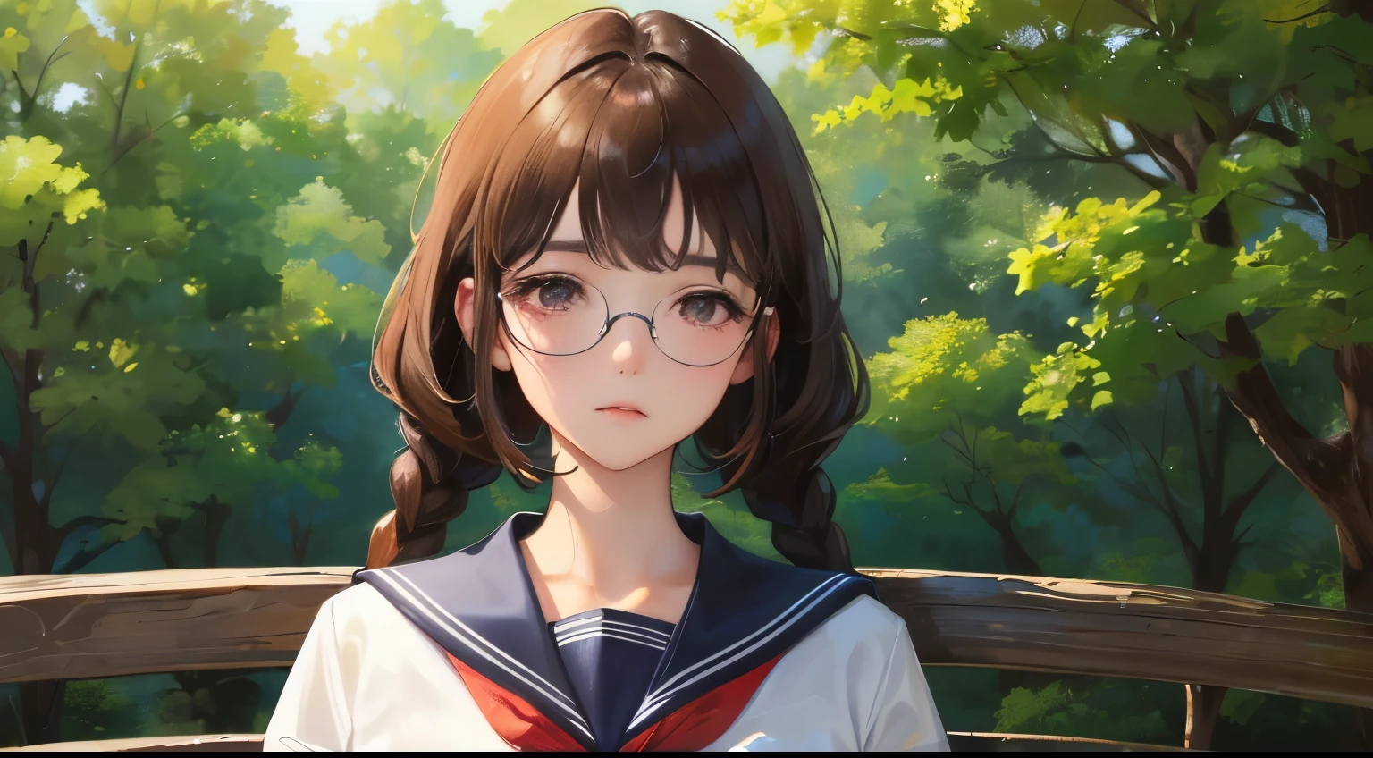 (((one girl)))、Masterpiece,best quality, ((tree bud))), determined expression, upper body diagram、Glasses、((look down with a gloomy face))、sailor suit、 (highest resolution、clear_image)、best quality、contrast of light and shadow、((illumination))、very detailed、semi-realistic、braided hairstyle、brown hair、bangs、15 years old、office Lady,,young、((View from the front))、delicate facial features facial features
