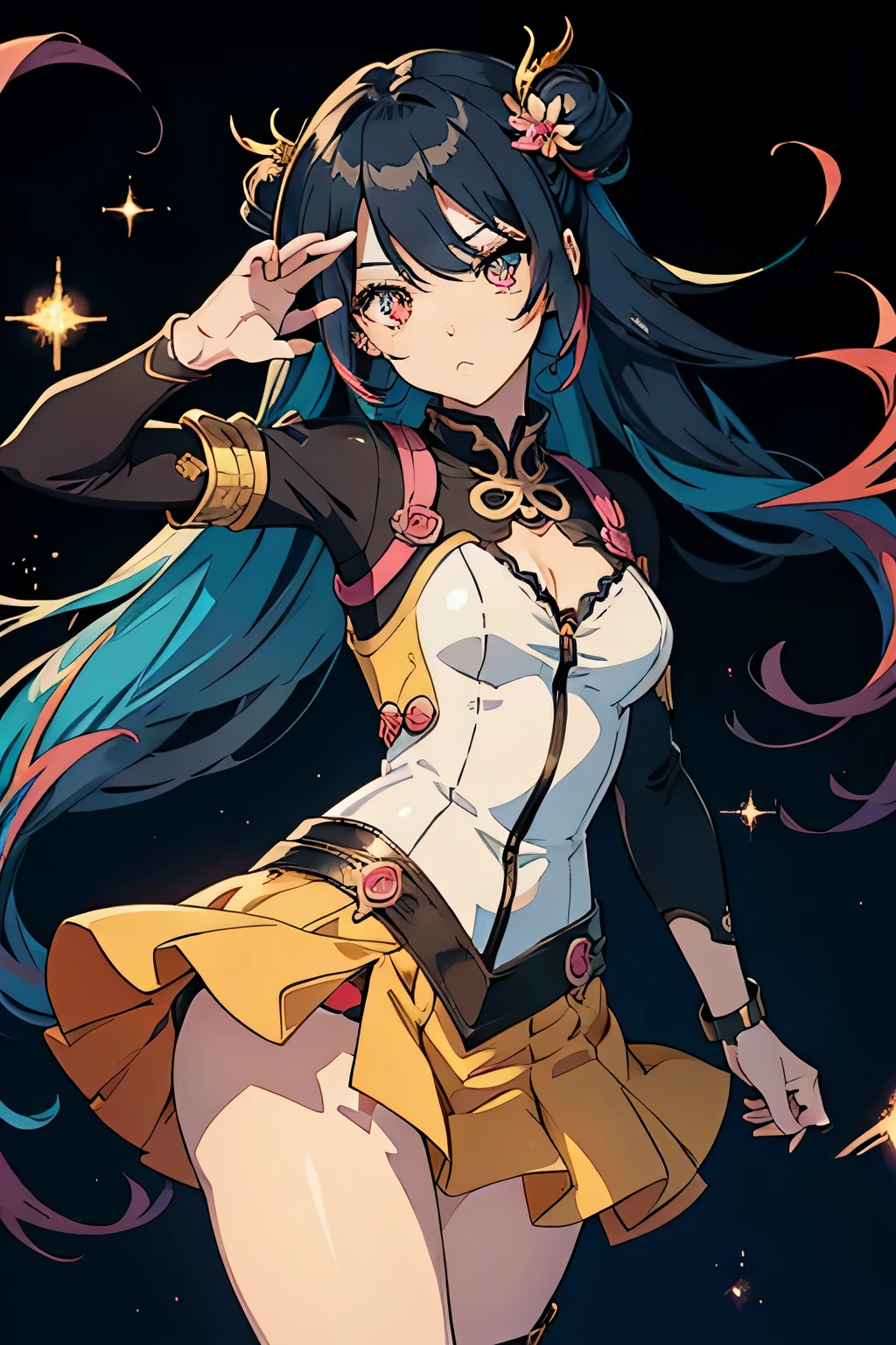 (masterpiece), anime girl, (detailed anatomy), expressive eyes, colorful hair, inspired by comics, (imaginative clothing), flowy skirt, HD, kawaii, (Young and energetic), Full of character, (bold and expressive), cartoon proportions, (Contrasting colors),, (dramatic lighting), (vivid background),, (naughty attitude), (engaging expression),, (Very detailed),, (Beautifully drawn),, (Exudes charm), (animation art), (Well-designed),, (