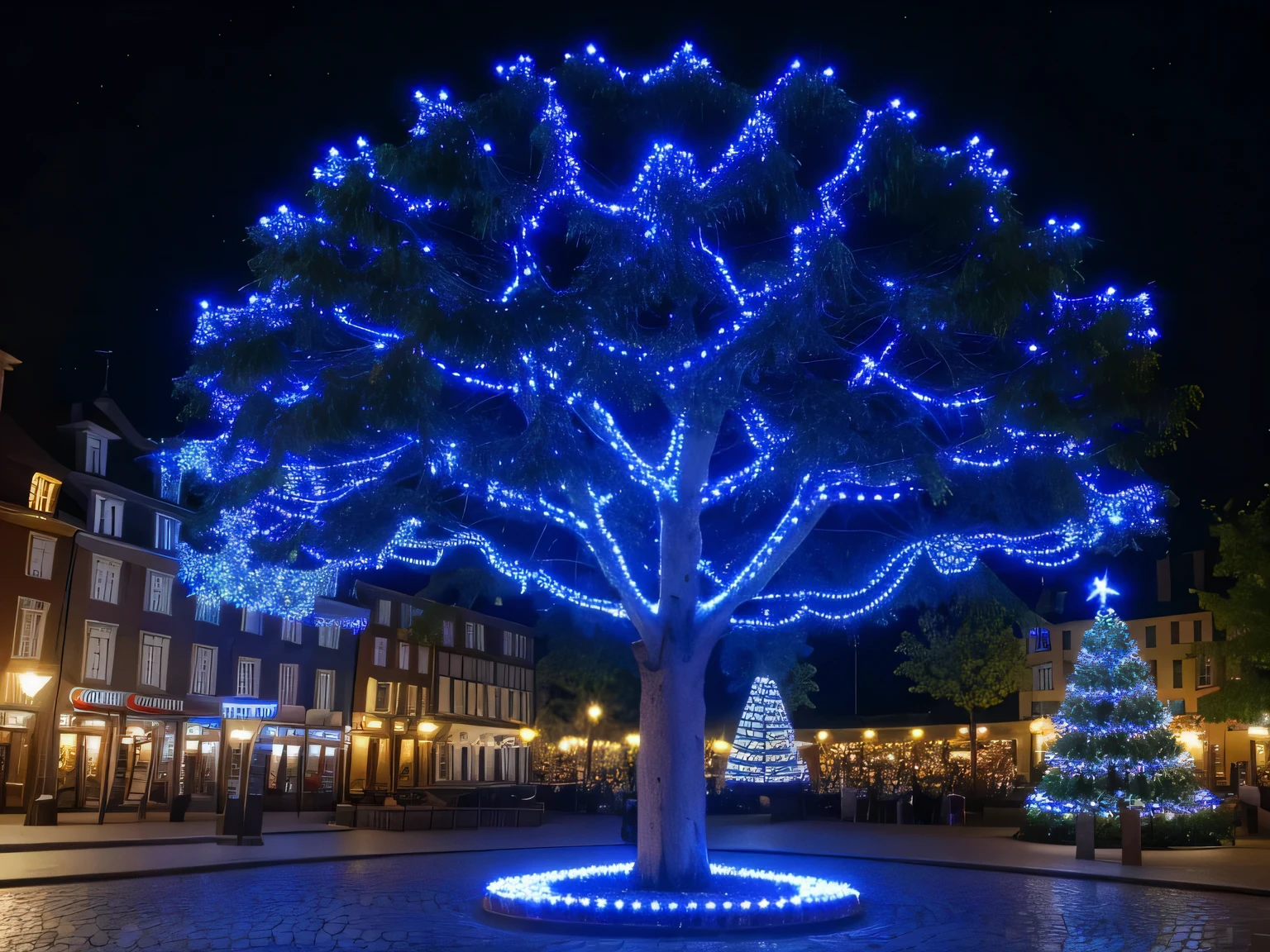 LEDs are installed throughout the tree, blue and white led, A big tree in the town square, (illumination: 1.3), (tourist attractions)