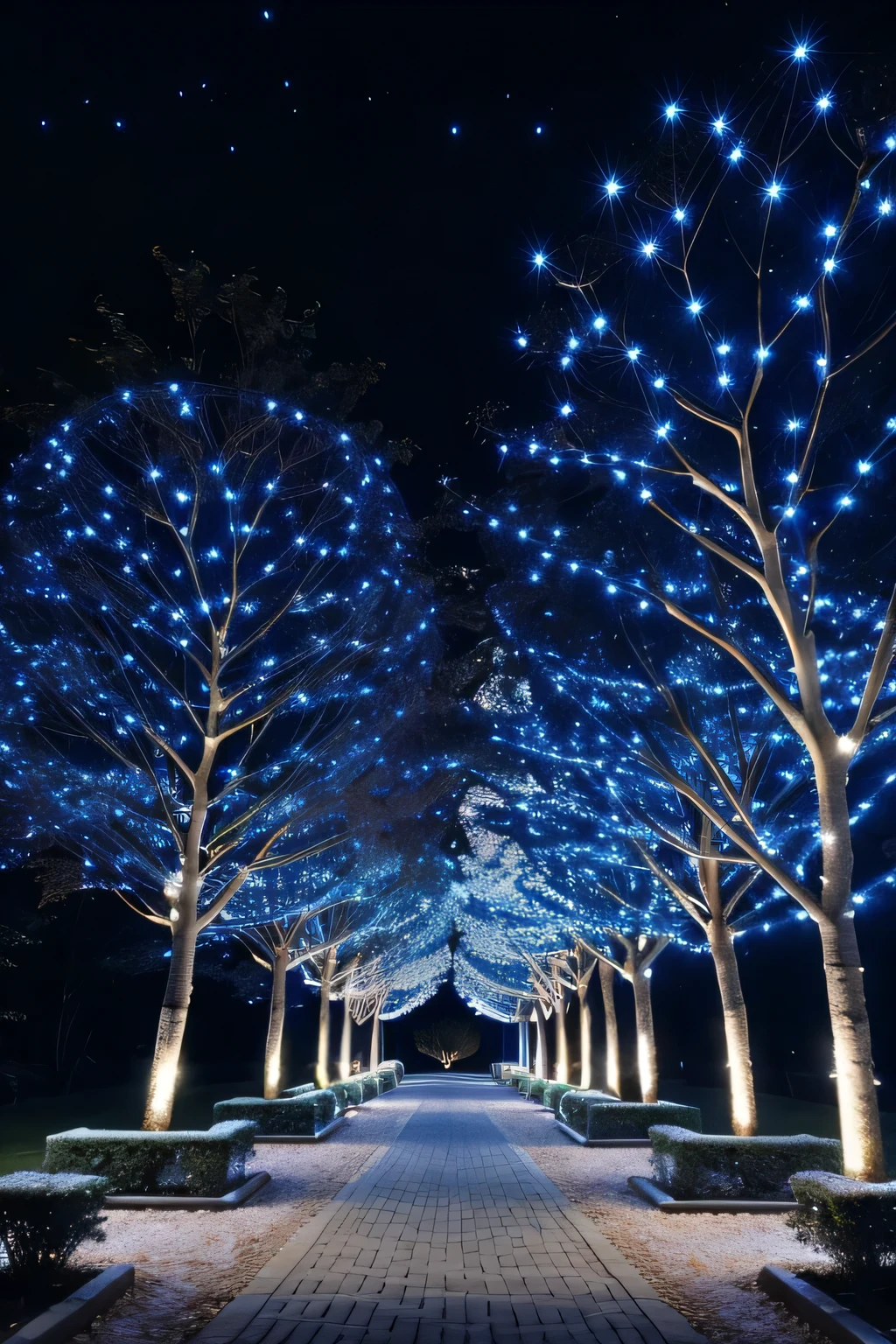 LEDs are installed throughout the tree, blue and white led, A big tree in the town square, (illumination: 1.3), (tourist attractions)