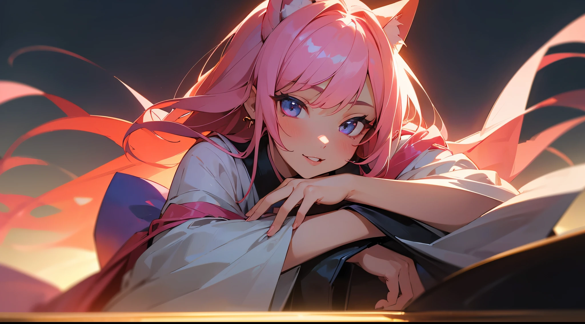 (Masterpiece, best quality, best shadow, ultra high resolution, beautiful hand, two hands, normal hands, two arms, complete hands, beautiful body, beautiful fingers, normal fingers, five fingers, five fingers, beautiful ears, normal ears, beautiful eyes, shiny eyes, beautiful mouth, beautiful lips, beautiful hair, best background, Anime girl, Perfect lighting, detailed face, detailed body, detailed background, detailed lighting, detailed hand, detailed arm, looking at viewers, sharp focus, detailed hair texture, 4k, High details, Best wallpaper, beautiful background), 1 girl, solo, pink hair, pink eye, long hair, smile face, blush face, kimono, night city in japan background, cute face.