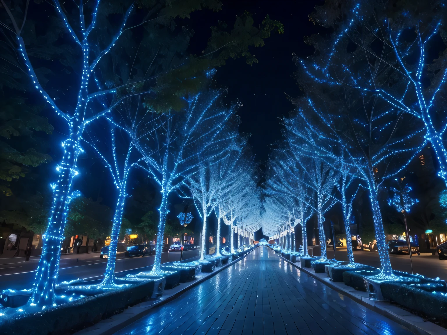 LEDs are installed throughout the tree, blue and white led, A gently curving main street, (illumination: 1.3), (tourist attractions)