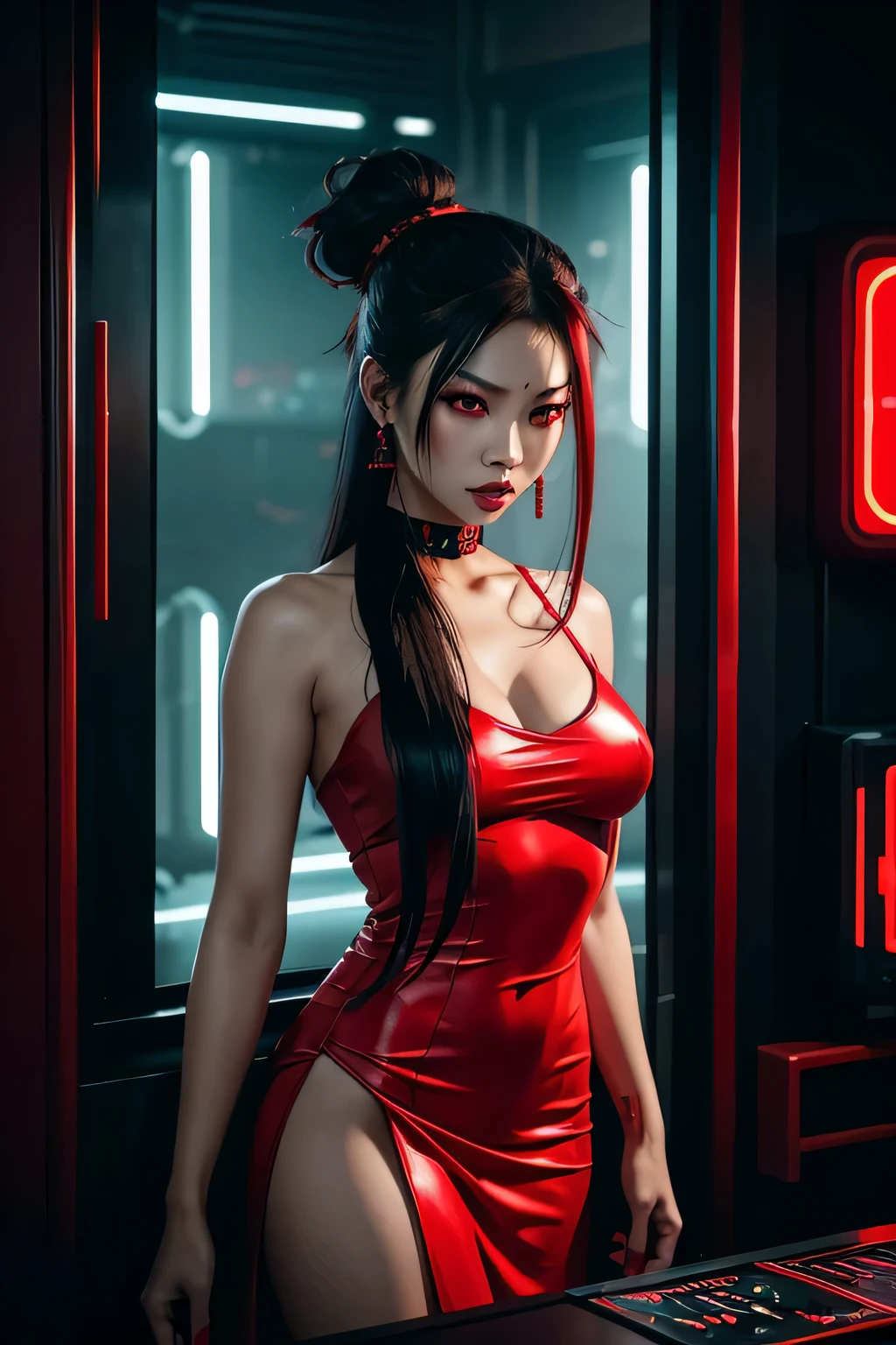 black long haired Asian woman with red pupils. gothic theme, with neon lights. sinister character. in a cyberpunk setting. wearing her hair up. long earrings. no underwear. long red dress. red. hair up.