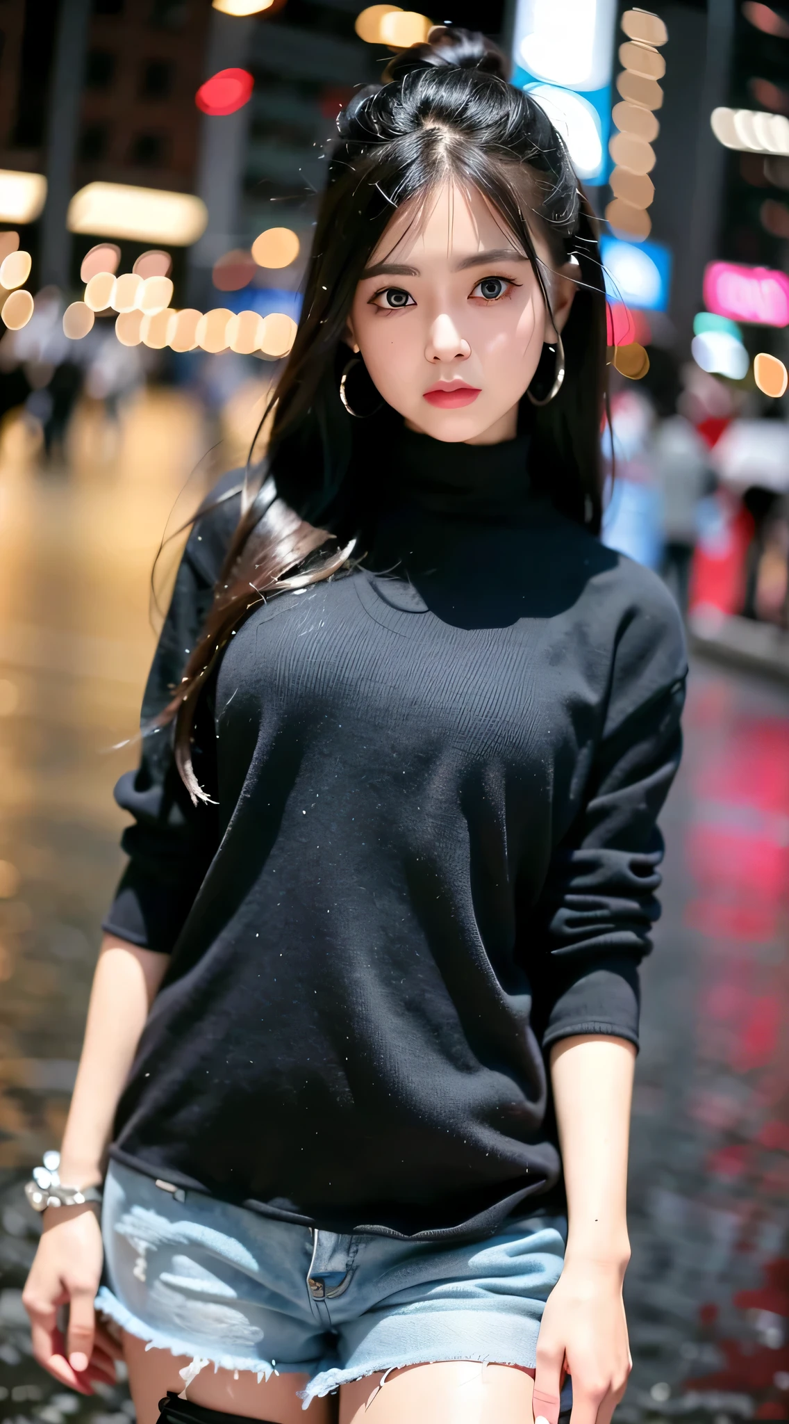 (8k、RAW photo、highest quality、master:1.2)、(real、photorealistic:1.37)、1 girl、cute、detailed and big eyes、even eyes、Fashion for young people、sexy fashion、cityscape、night、rain、wet、professional lighting、photon mapping、radio city、physically based rendering 、