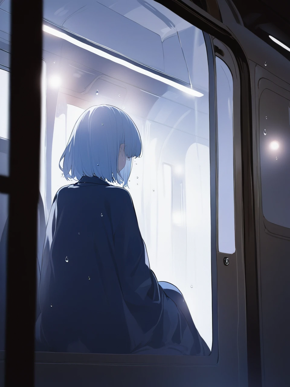 ((Masterpiece), absurd quality, 16k, 1 girl with short hair, wearing a dark blue coat, she is sitting inside a long, poorly lit subway. The perspective camera shows the entire carriage. In the carriage, in the very back, in a dark corner poorly lit by a flashing light, appears in transparent black clothing 1 Kaonashi ghost, is translucent, almost invisible due to the low lighting. The girl in profile breathes cold air that comes from her breath. A blurred light that comes from outside the carriage through the window fogged with droplets of cold rain illuminates the atmosphere of the carriage.The girl with a serene and thoughtful expression, is being observed quietly by Kaonashi.