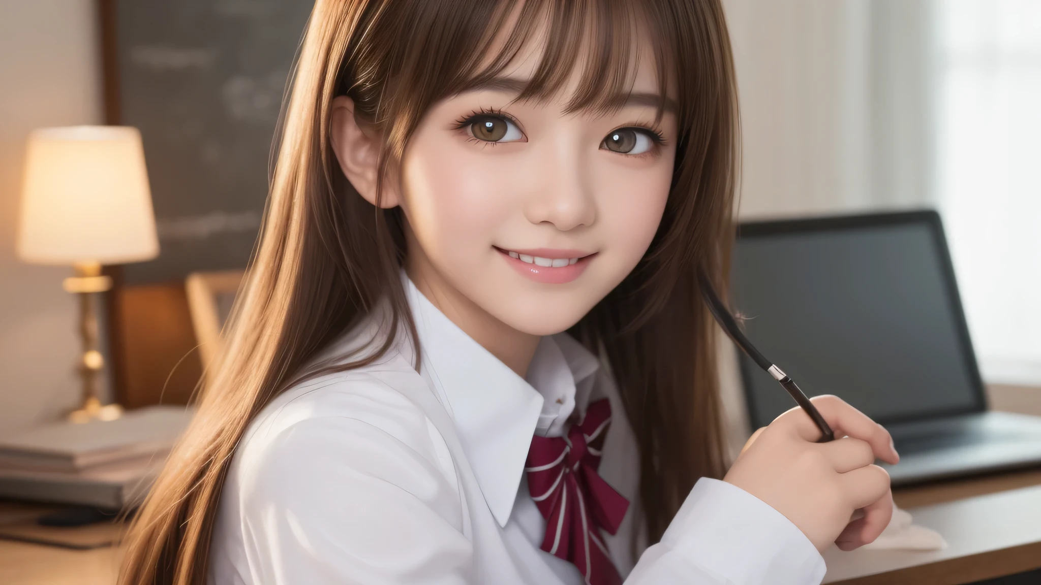 (1 girl), (big round eyes), brown eyes, (high School uniform:1.2), (highest quality: 1.4), (Super detailed), (highest quality:1.4), (Super detailed), evening, very high resolution, close up face, anime, anime illustration, wonderful, neat, fascinating, indoors, School, machine, long sleeve , smile, cherry blossoms