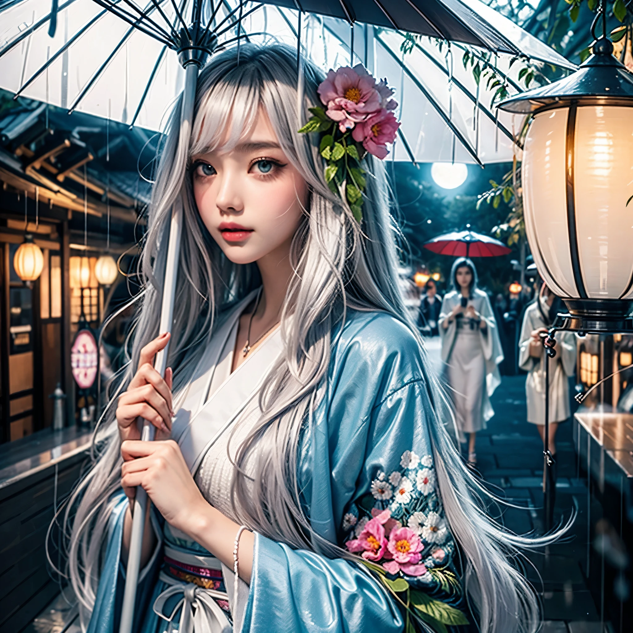 More about the rainy road, The girl hit the head of the umbrella, In his other hand he holds an umbrella, Blue Denim Leggings, Masterpiece Superb Night Moon(Master Piece) night moon(Full Moon) 1 Women, Sisters of Japan, Cold face showing silvery-white long-haired woman, Light pink lips, Calm and intelligent, Three Bands, lantern, lantern, Flower bulbs, Background, Spectacle strolling through the city, long hair shawl,