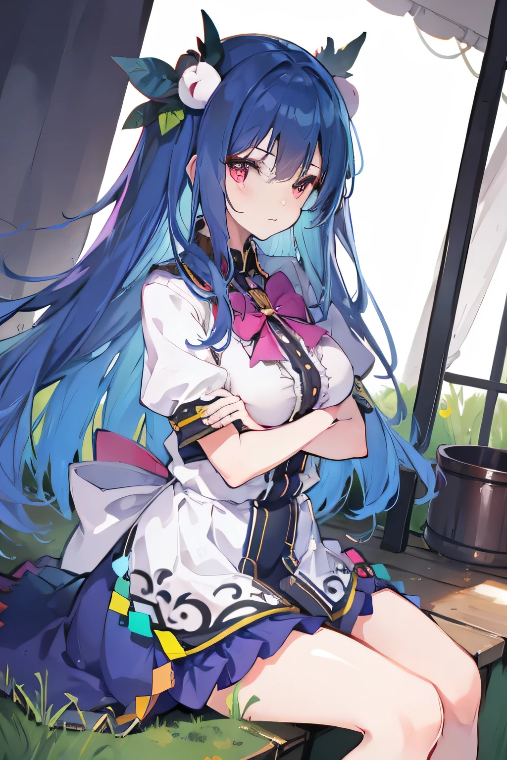 (masterpiece),best quality, expressive eyes, perfect face,sit, sit on ground, legs on the ground, 1girl,
big breasts, H cup, Good breasts, arms crossed, Fair, Gorgeous,japanese manga,girl,Laura,young angel, blue hair, blue haired,tent , tent chest, tent breast, floating clothes