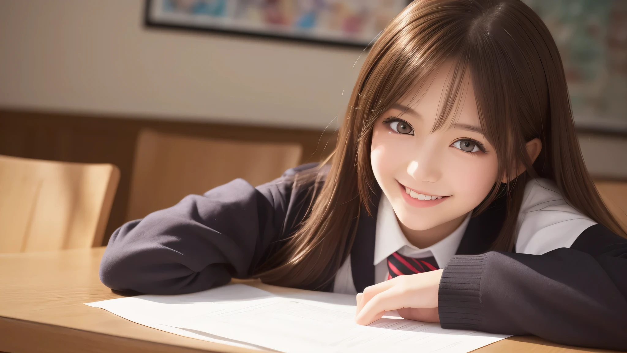 (1 girl), (big round eyes), brown eyes, (high School uniform:1.2), (highest quality: 1.4), (Super detailed), (highest quality:1.4), (Super detailed), evening, very high resolution, close up face, anime, anime illustration, wonderful, neat, fascinating, indoors, School, machine, long sleeve , smile, cherry blossoms