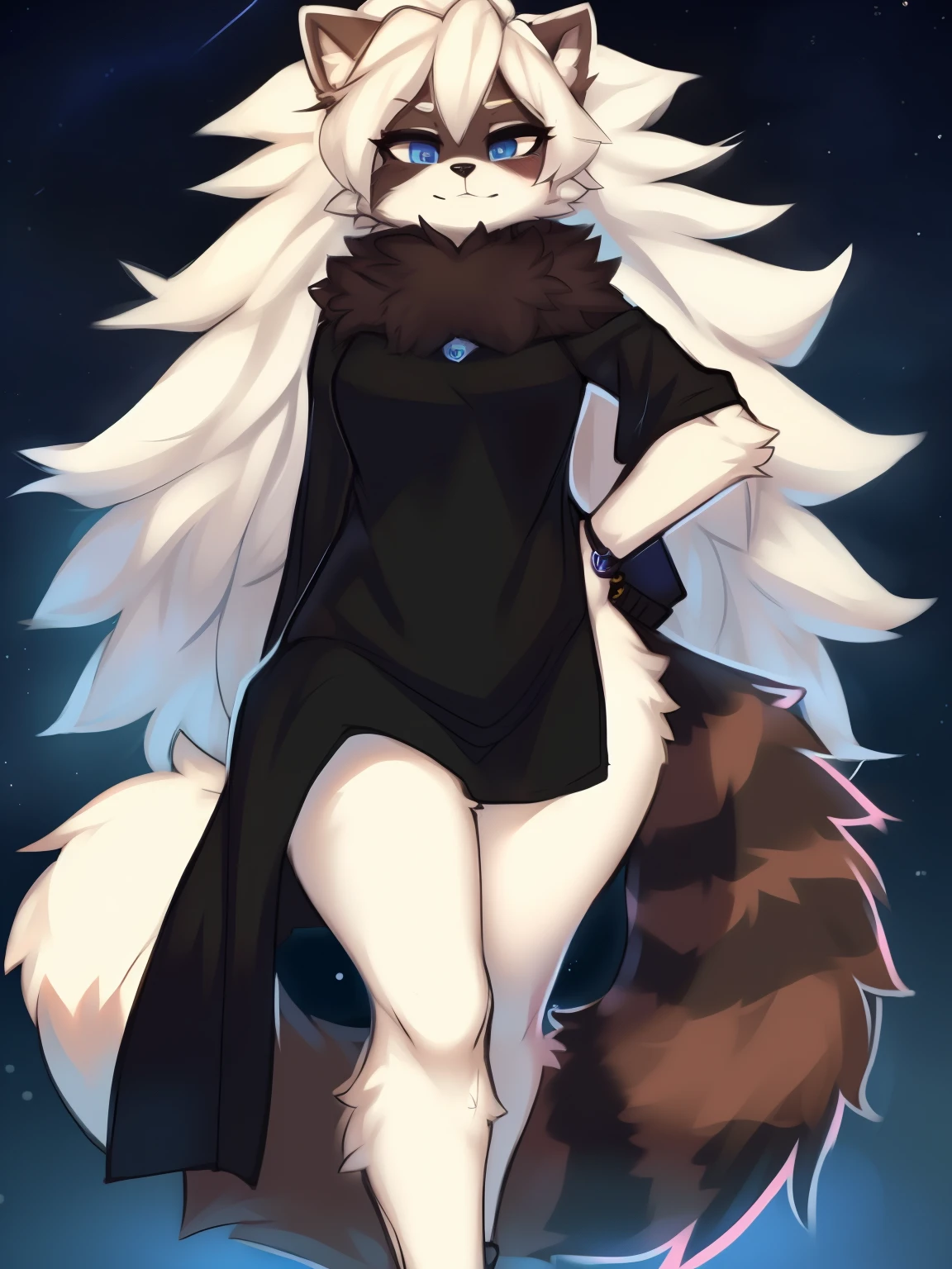 ((masterpiece, best quality)) by zackary911,zackary911, fluff-kevlar, by fluff-kevlar. raccoon anthro, mommy female white fur. white hair. one character, blue eyes, furry female, female, fluffy fur, big fluffy tail, fluffy fur neck, long hair, black poncho, fluffy fur, full body. full height, serious face, night background