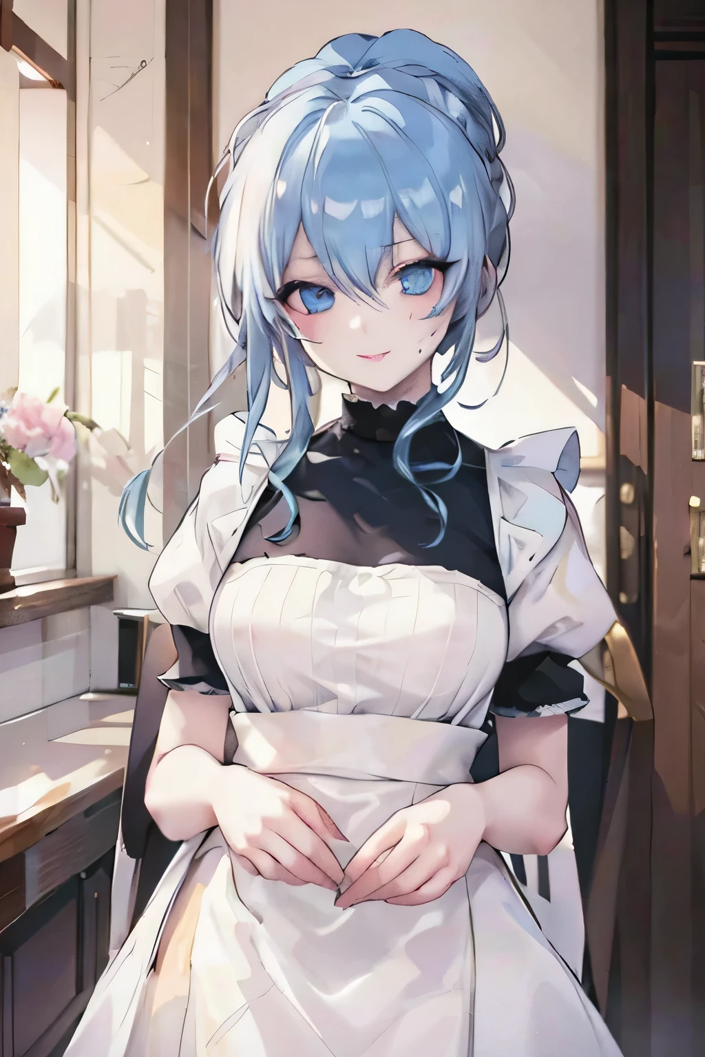 best quality, masterpiece, highres, solo, {maid:1.40}, {long maid dress:1.15}, {gotland_kantaicollection:1.15}, blue_hair, long_hair, mole, mole_under_eye, blue_eyes, hair_between_eyes, smile, hair_bun, blush, breasts, single_hair_bun
