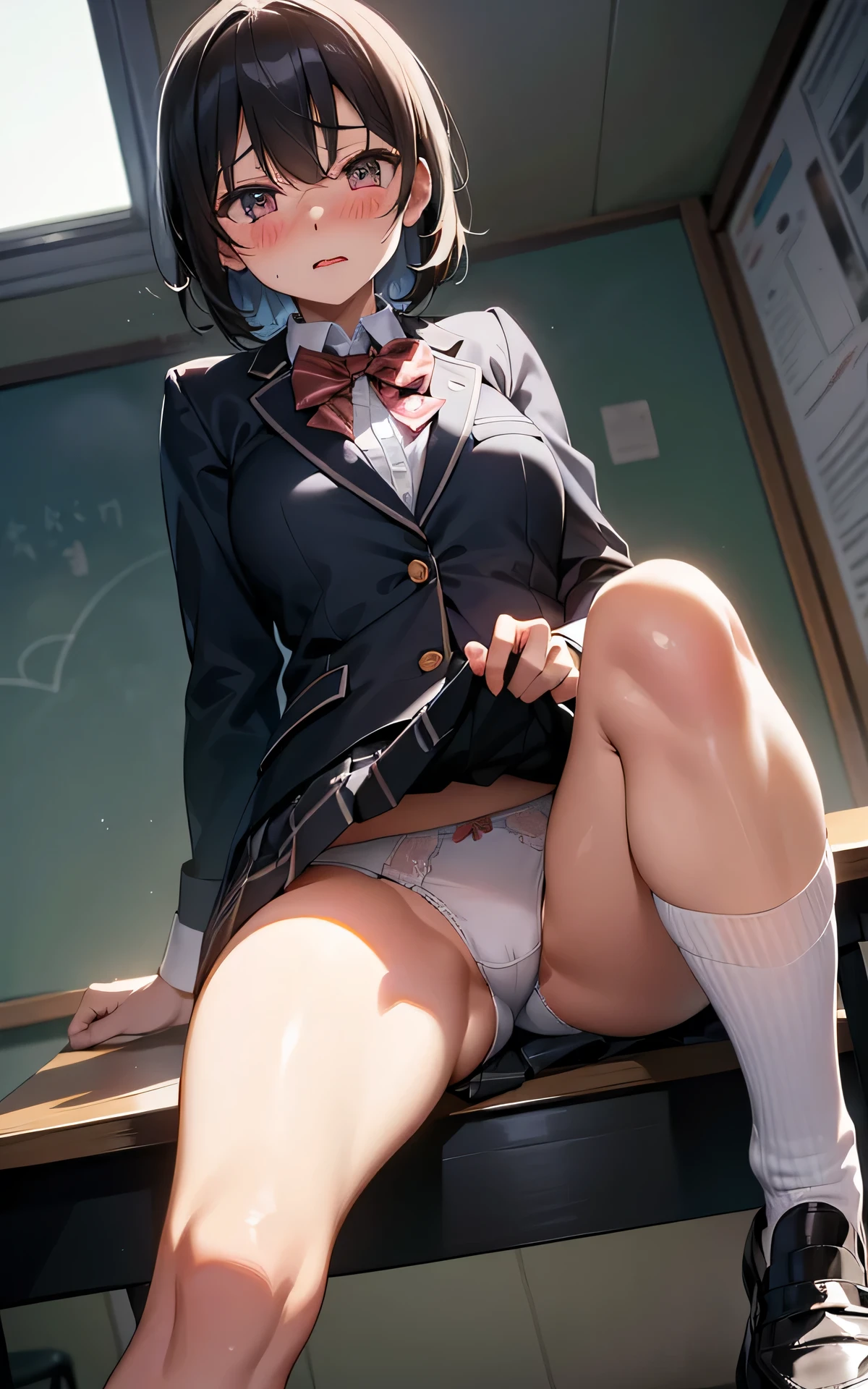 absurderes:1.8, ((From the thigh up:1.5, beautiful clear eyes, from below, nsfw:1.4, sitting)), ((school uniform, blazer、socks, loafers、、skirt lift by myself:1.5, showing panties:1.4, underwear emphasis))、(1woman), Unity 8K Wallpaper, Masterpiece, detailed hair, highly detailed, ( panties:1.4, school),, (Frustrated:1.4), (blush:1.3)