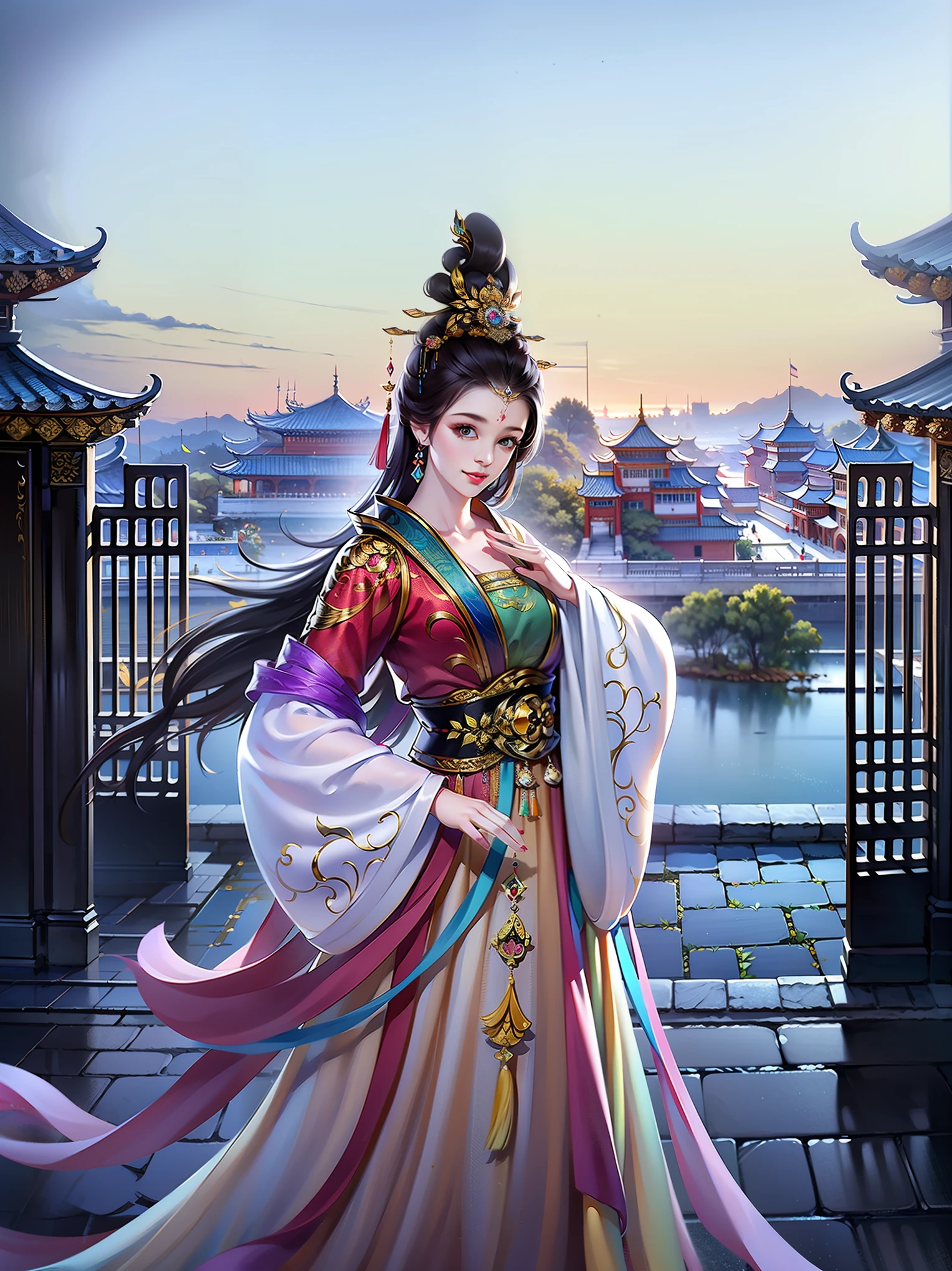 （masterpiece，super detailed，HD details，highly detailed art）1 girl standing in front of the palace gate，chinese palace，architecture，alone，long hair，Smile，rainbow, hanfu，Highly detailed character designs from East Asia，Game character costume design，ultra high resolution, sharp focus, epic work, masterpiece, (Very detailed CG unified 8k wallpaper)，pretty face，beautiful eyes，HD details