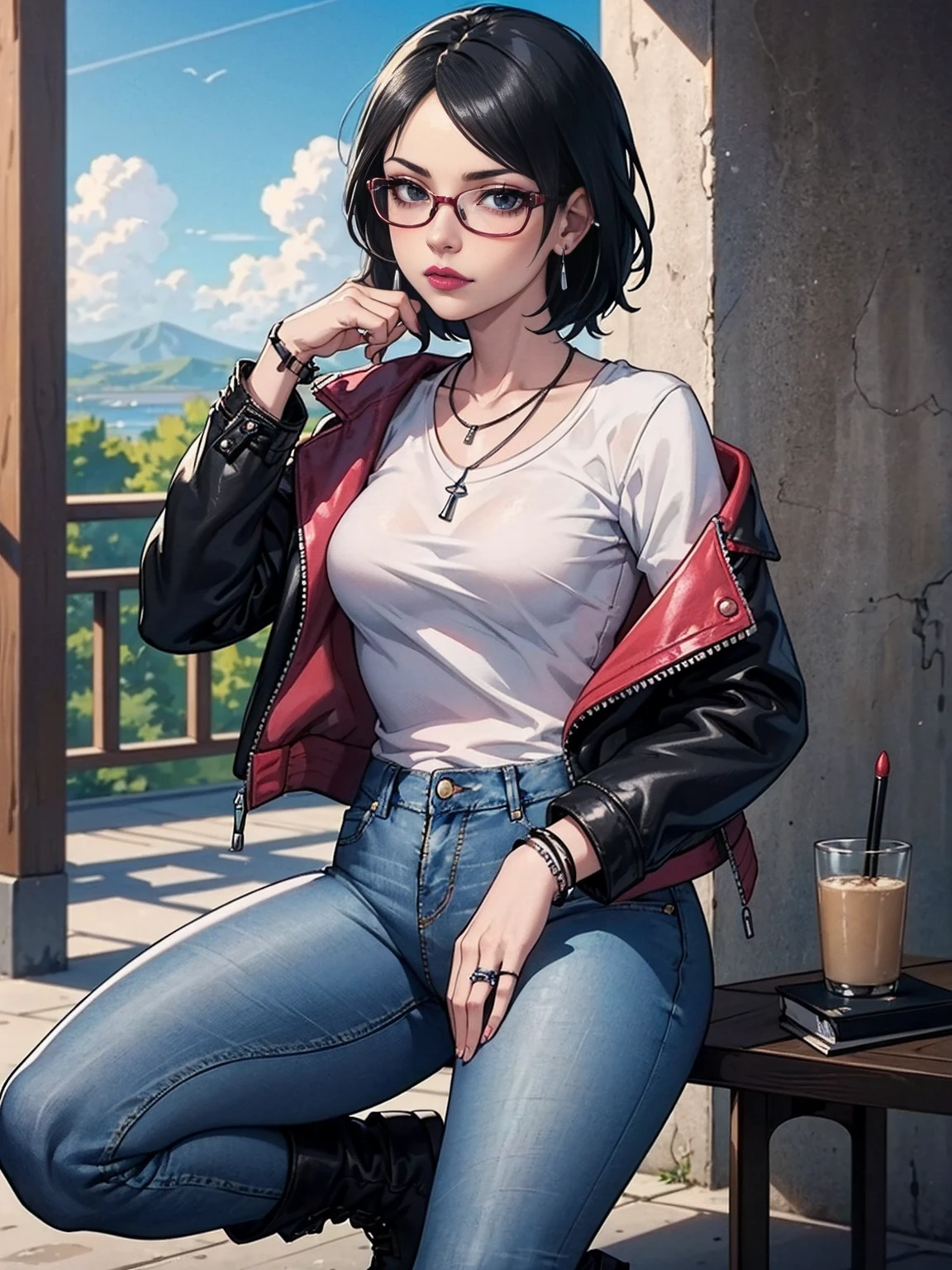 (1girl, solo, alone), (WakatsukiRisa, Sarada Uchiha, short hair, black hair black eyes, red glasses), ((solo, (1woman, pink lipstick, (small breasts)), Extremely detailed, ambient soft lighting, 4k, perfect eyes, a perfect face, perfect lighting, a 1girl)), austere, (anime style image, (masterpiece), best quality, expressive eyes, perfect face), ((angel, (((leather jacket, white t-shirt, jeans, punk style), punk girl)), punk woman, bracelets, rings, earrings, necklace, backgound desert, arizona, grand kenio, clouds, leather boots, aura red, trepidatious aura))