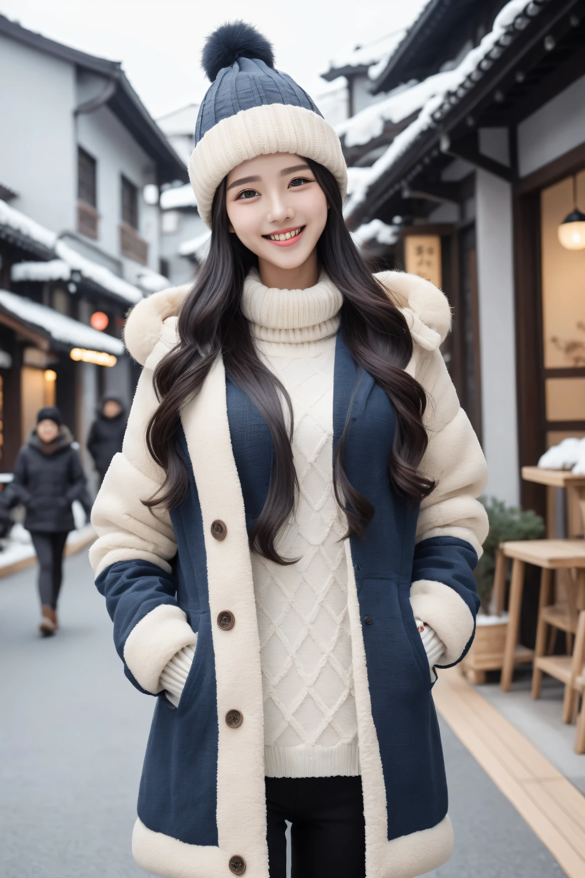black hair、slim body shape、city、look at the camera、Winter clothes、have、smile