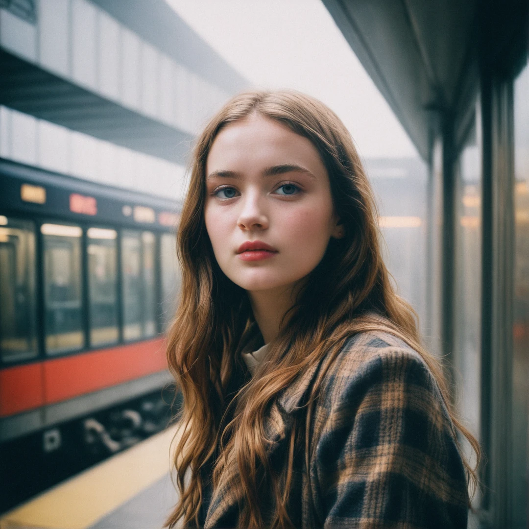 close-up headshot of ((ohwx woman)), ,a girl standing alone, corridor, unlit transit station,  dark night, film grain, depth of field, analog film style, vivid color, 1girl,  upper body,
(looking at  the viewer:1.2),
long hair, blond,   plaid skirt, fog, (night, dark, dark photo, grainy, dimly lit:1.3),  best quality, high quality, (realistic), (absurdres:1.2), UHD, ultrarealistic, noise,
soft skin,  (flying butterflies:1.2),
long messy hair,
film grain, depth of field, analog film style,
editorial photo,  woman, wide hips,
(best quality:1.2), absurdres, BLOOM, fog,
shot on Fujifilm Superia 400, Short Light,  32k, cinematic composition, professional color grading, film grain, atmosphere, wondrous, very sunny,
motion blur,