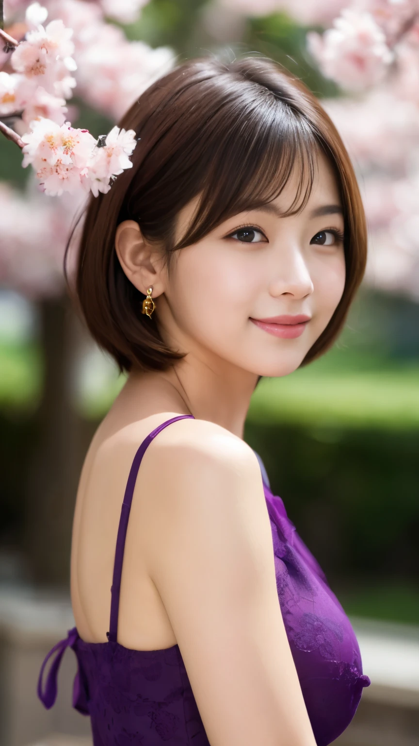 1 girl, realistic, (looking at the viewer:1), (ulzzang-6500:0.66), thighs, just legs, dappled sunlight, highest quality, ultra high resolution, (photorealistic:1.4), Yaemiko, short hair, pink hair, yes_cherry blossoms, jewelry, cherry blossoms, (smile:1), just_shoulder, hair_ornament, purple_eye, , separated_sleeve, , detailed eye,, (light smile:1), , (small breasts:1.4), , (just upper body:1.4), , (swollen nipples:1),, turn your arms behind your back,