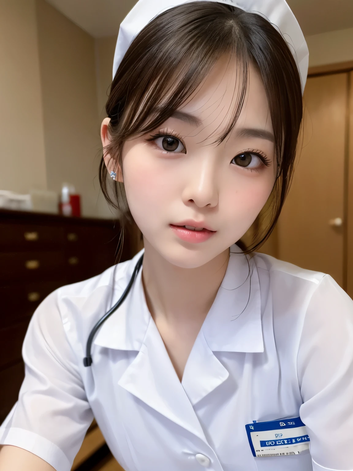 (masterpiece:1.3)、Super detailed finish、(High resolution、8k:1.3)、(highest quality)、(Super realistic like a photo:1.3)、professional portrait、professional writing、correct limbs、anatomically correct, The face is in focus、(close up on face:1.3)、 ultra high definition face、Face is in focus、Ultra high definition and beautiful eyes、focused eyes、Eyes are symmetrical:1.3、High-definition and beautiful skin、firm skin、Ultra high definition hair texture、japanese woman、20 years old、very cute, half updo:1.3, nurse、nurse break (White nursing uniform、white nurse uniform:1.3),hospital room, (embarrassed:1.3), (blush:1.3), (Strange look:1.3), Mr.々shooting angle:1.3, looking at viewer, nsfw, (all fours pose:1.3)、Open mouth and lick your finger:1.2