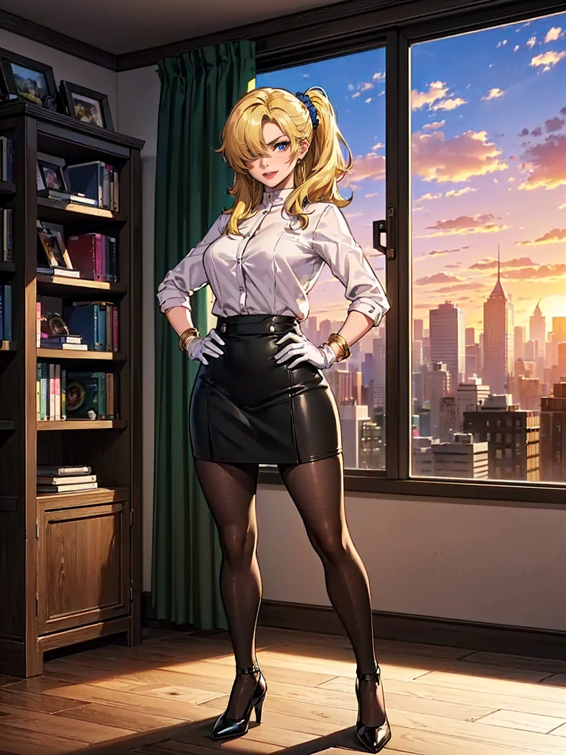 ((1girl, solo ,alone, long hair, green hair, yellow eyes, hair covering one eye, long gloves, white gloves, woman, (one hand on her hip, one hand behind her head) , dynamic pose, muscular female, gold bracelets, ruby earrings)), , ((solo, (1woman, pink lipstick), Extremely detailed, ambient soft lighting, 4k, perfect eyes, a perfect face, perfect lighting, a 1girl)), ((1girl, solo, alone, ai hayasaka, bangs, blue eyes, blonde hair, hair ornament, sidelocks, side ponytail, scrunchie, hair scrunchie, blue scrunchie)), ((solo, (1woman, pink lipstick), Extremely detailed, ambient soft lighting, 4k, perfect eyes, a perfect face, perfect lighting, a 1girl)), austere, ((shy smile, Officelady, Black suit, Black tight skirt, White blouse, Black tights, Office, lana, Beautiful woman, gazing at viewer, Looking here, hight resolution, top-quality, full body, animations, illustratio, office, penthouse, executive room, large window, landscape of a metropolis, sunset, clouds)), documents, books, table, shelves, pencil holder, computer