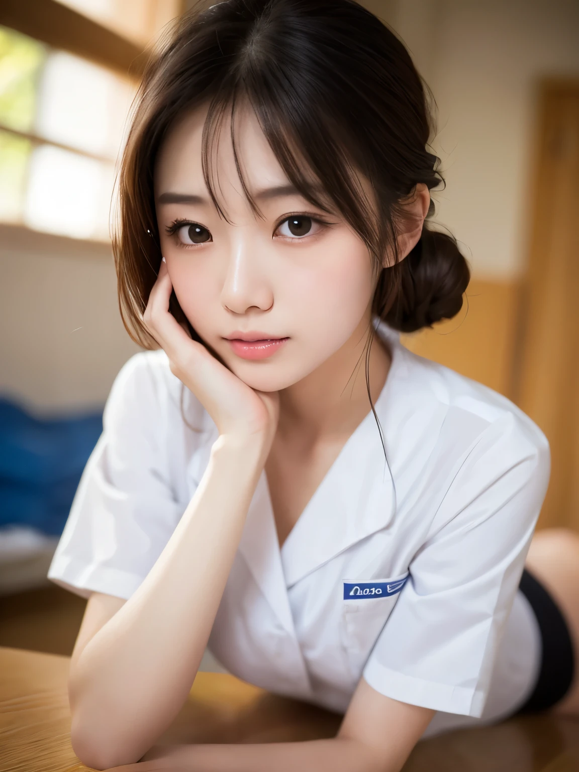 (masterpiece:1.3)、Super detailed finish、(High resolution、8k:1.3)、(highest quality)、(Super realistic like a photo:1.3)、professional portrait、professional writing、correct limbs、anatomically correct, The face is in focus、(close up on face:1.3)、 ultra high definition face、Face is in focus、Ultra high definition and beautiful eyes、focused eyes、Eyes are symmetrical:1.3、High-definition and beautiful skin、firm skin、Ultra high definition hair texture、japanese woman、20 years old、very cute, half updo:1.3, nurse、nurse break (White nursing uniform、white nurse uniform:1.3),hospital room, (embarrassed:1.3), (blush:1.3), (Strange look:1.3), Mr.々shooting angle:1.3, looking at viewer, nsfw, (all fours pose:1.3)、I&#39;m putting my hand on my face:1.2、medium breast