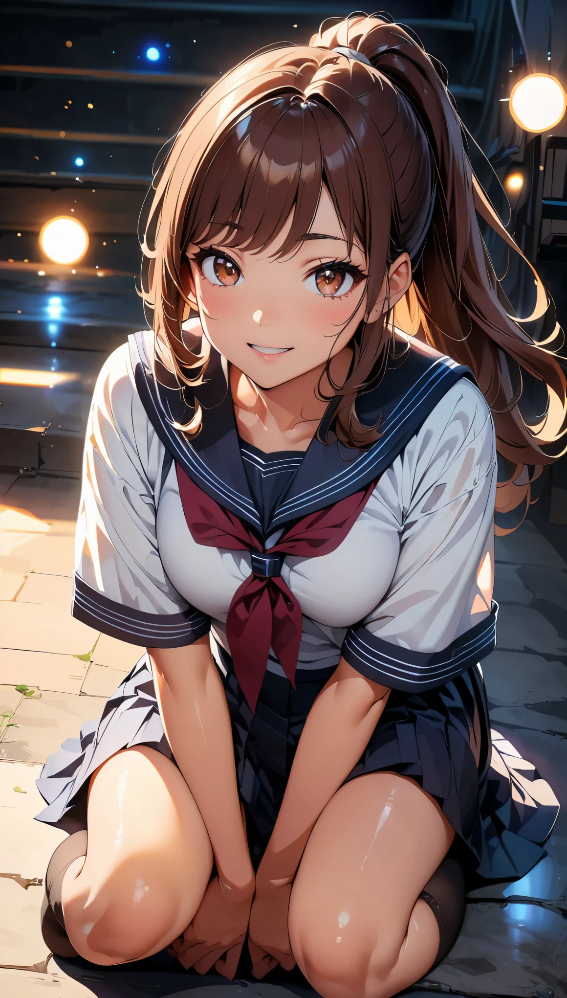 (highest quality, 4k, High resolution, masterpiece:1.2), Super detailed, (anime style, photorealistic:1.37), cinematic light, Bright colors and mesmerizing effects, Soft and delicate lighting, gentle shine, Lens flare, Beautiful and gentle atmosphere throughout the scene, 1 woman, JK, (brown hair, ponytail, reddish brown eyes), happy expression, (Super detailedな顔, lip details, detailed eyes), double eyelid, Facing to the right, Kneeling:1.5, black socks, Hands between the crotches, cowboy shot, school uniform, girls , shiny skin, perfect fingers, five fingers, anatomically correct, background bokeh, 135㎜, f/2.8, photo shoot,