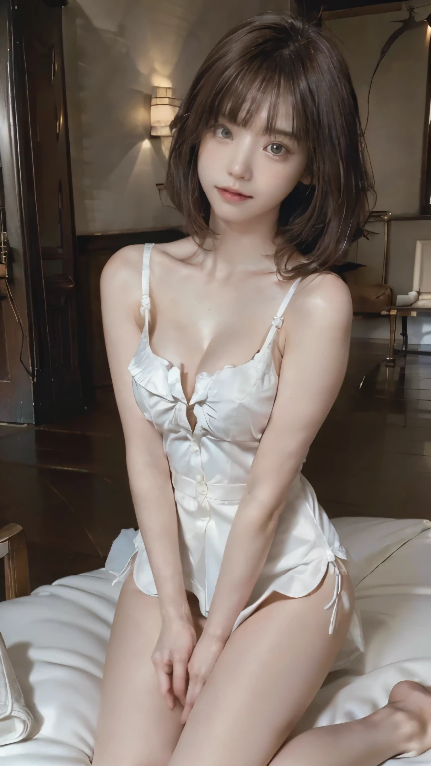 ((table top))、((High resolution))、((highest quality、8K、masterpiece))、(atmospheric hotel room)、20-year-old、baby face、((whole body))、(looking at the camera:1.3)、(look down:1.2)、(perfect style:1.3)、(Kneel with your legs spread apart on the bed:1.3)、(Wear a fully unbuttoned dress shirt:1.6)、(Bra and panties are visible:1.6)、(Facial expressions that seduce the opposite sex:1.3)、(big and beautiful eyes)、Brighten the contrast of shadows、face lighting、(cinematic lighting)、(medium breasts、cleavage)、(detailed hands:1.3)
