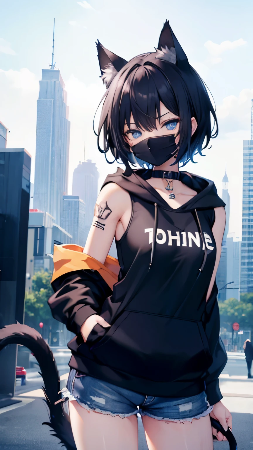 4k,High resolution,one woman,girl,black hair,short hair,cat ears,cat tail,slanted eyes,blue eyes,,slender,small breasts,tits,hoodie,fur,,Tank top,first round,black mechanical mask,shorts,navel,Tattoo stickers,night view