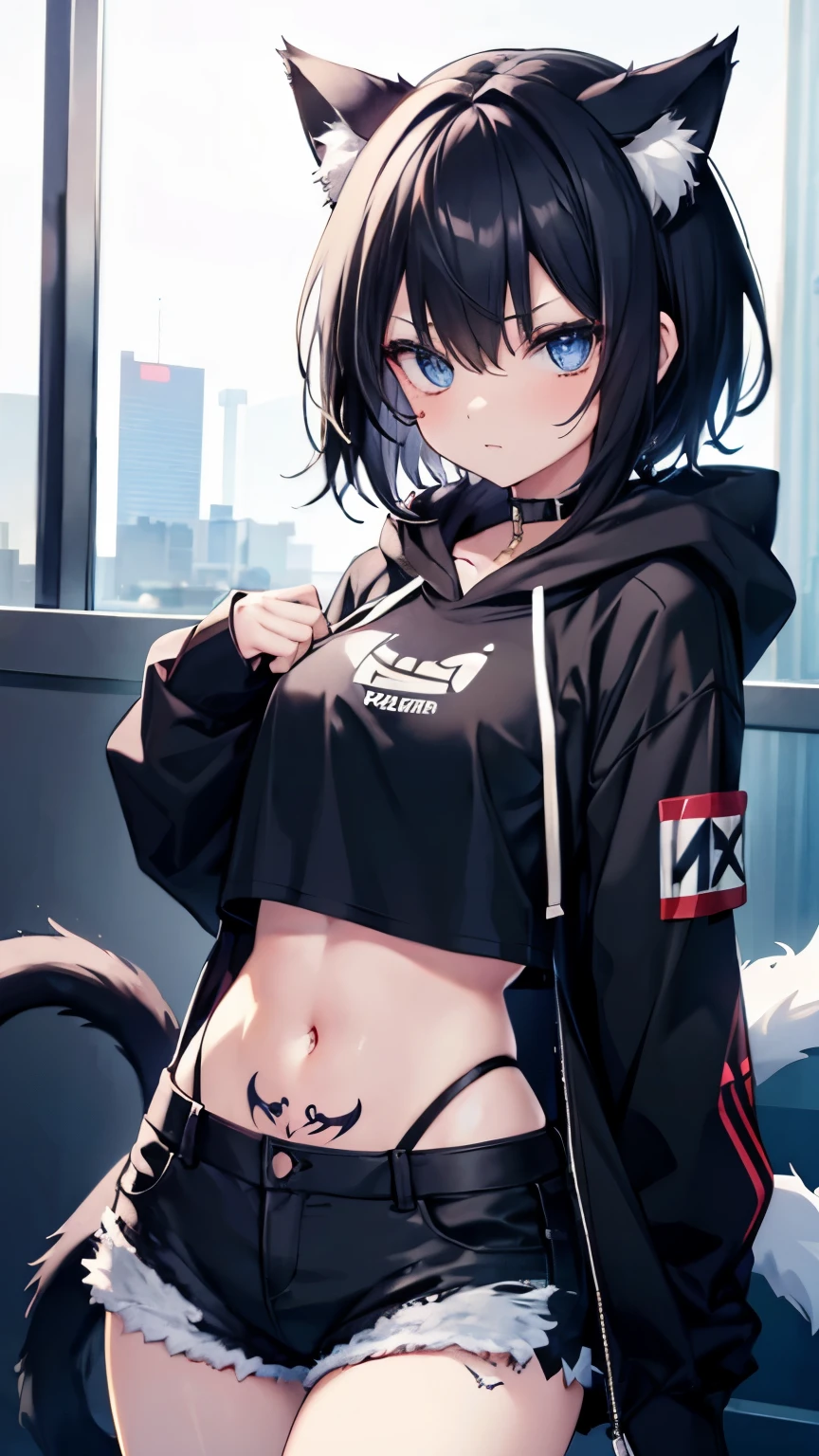 1girl, short black hair, blue eyes, glasses, black hoodie, warm smile, cyber city, wolf bob haircut