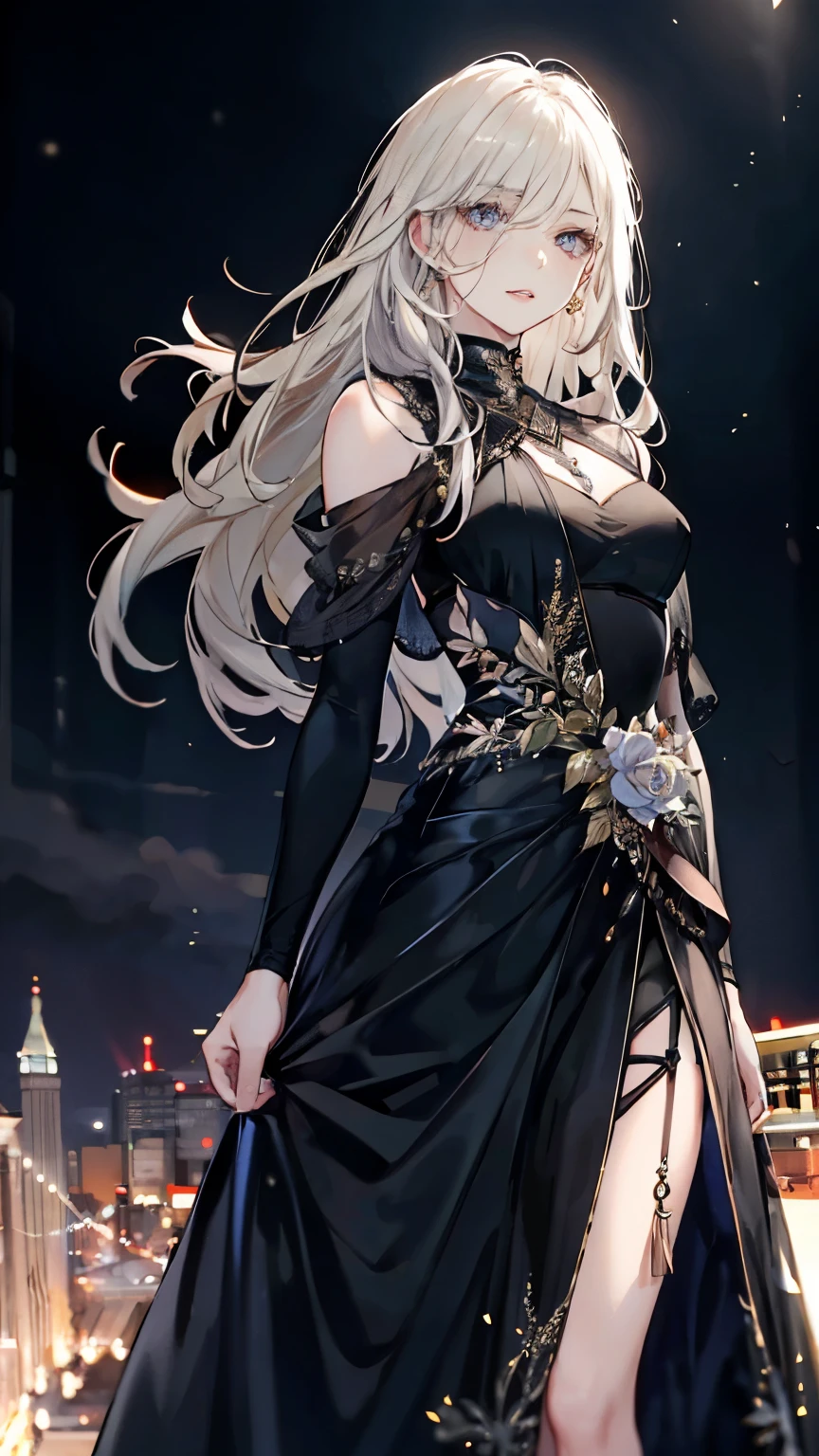 Careful facial depiction，1 Lady，mature woman，black dress long dress，(long hair)，(dark night background)，prom，regalia，  that&#39;do it perfectly， perfect hands， perfect fingers， perfect lips， perfect eyes， perfect background
