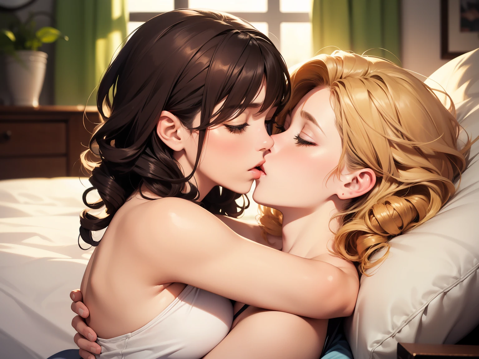 Female couple kissing in bed with woman in white shirt, (SFW) Work, kissing together cutely, Girl Love Art, OPPEIN, Side milk, Slightly saggy big breasts, small breasts, (((Extra long yellow curly hair))), (((Shoulder-length brown side-parted short hair))), (girl love kiss), The mouth is very detailed, (girl love hug), touch her clothes, touch her breasts, SFW version