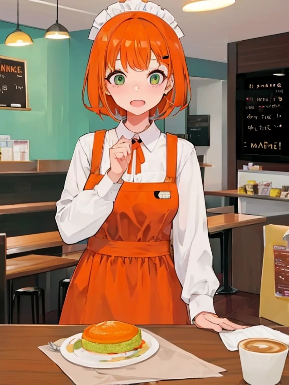 a girl with orange hair，Wearing maid clothes in a cafe，I accidentally spilled my coffee，Looking embarrassed!!