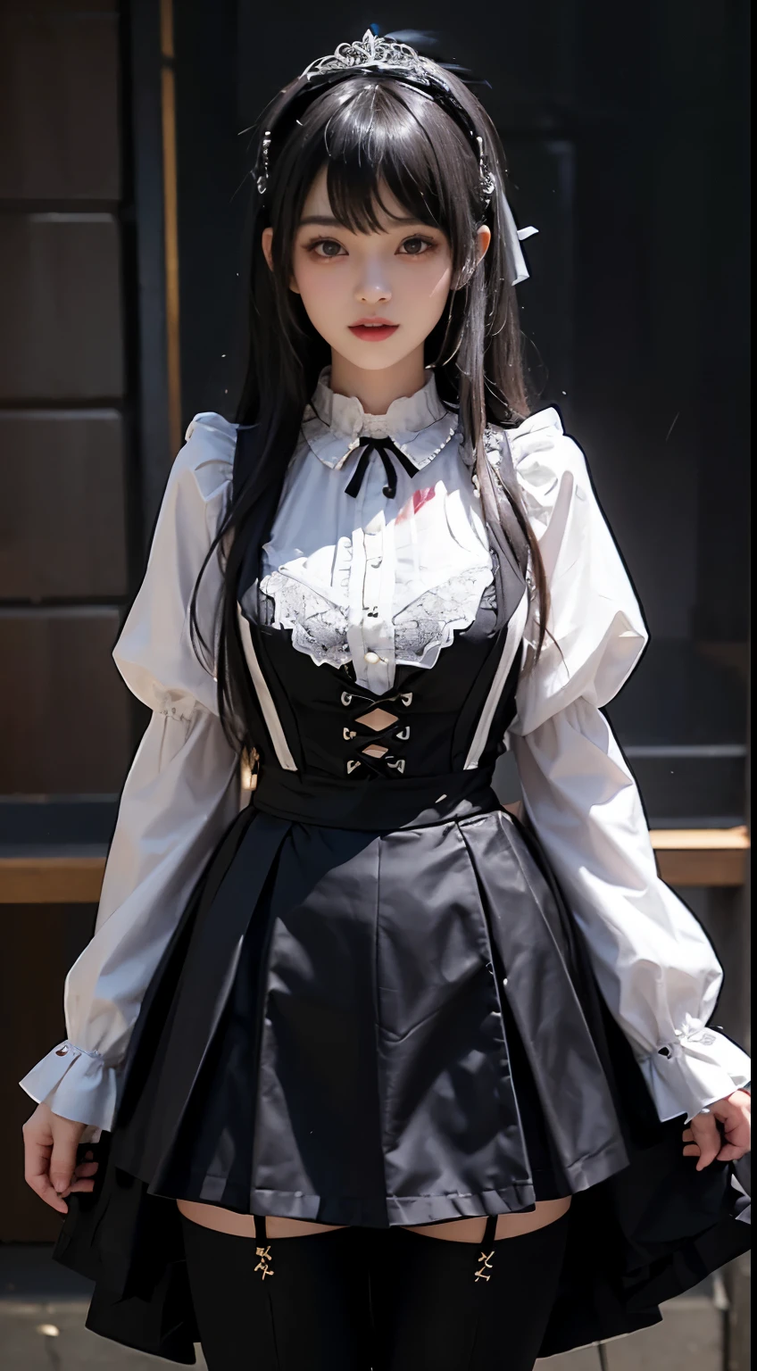 top-quality　​masterpiece　8K Masterpiece　Face with ultra-detailed details　Draw the face in detail　One woman wearing Gothic ta　Full body photo　kawaii pose　Sexy Pictures　Focus on the face　Kamimei　Close-range photography　The majority of users on the screen　profetional lighting　Cute goth  flapping　Vibrant photo　red blush　Shyness　perspiring　agitation　Happy expression　Sullen expression　Ecstatic look Sex appeal　The neat and clean heroine of a dating simulation game　Shiny wet crow hair　Gloss　Bruises and cuteness　Buriko　Unreality　absurderes　unbelievable　Gothic loli sexy　A sexy　A sexy　A sexy　A sexy　A sexy　Mini　childish　Heavy bangs　Underwear is visible through clothes　Pants are visible from under the skirt　sexy  pose　Lots of skin tones　Bet　Cute Cute　White lace headdress　borgar
