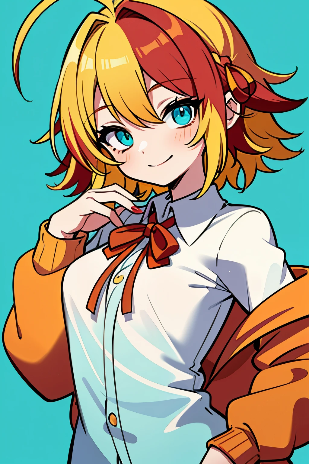 (masterpiece, best quality), 
1girl, solo, 18 yo, (yellow hair:1.85), (red orange highlights hair:1.6), (red orange streaked hair:1.6), (messy hair:1.73), (ahoge:1.4), short hair, (curly:0.8), (hair ribbon:1.5),

BREAK, (cyan eyes:1.6), looking at viewer, head tilt ,smile, (close-up face:0.6), 

BREAK , (school uniform), (shirt tucked in:1.2), (white collared shirt:1.4), long sleeves, (red neck ribbon:1.1), (beige cardigan:1.2)