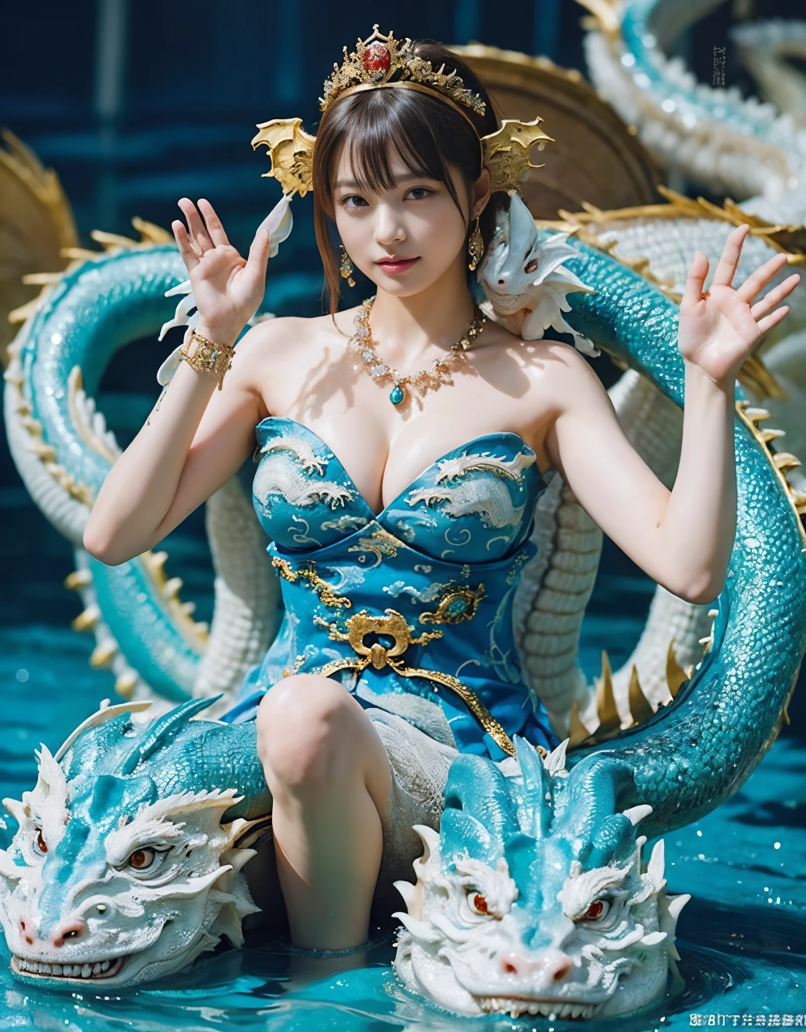 (very heavy chest)、highest quality、masterpiece、ultra high resolution、（water dragon armor）、(((Metal製))),(((big breasts)))、(((黄colorのマイクロビキニ))),(she wears a beautiful crown made of precious stones.),(Photoreal:1.4)、Raw photo、1 girl、(((random hair))、(((color々take a pose)))、glowing skin、(((water chinese dragon)))、intricate and gorgeous hair ornaments、（looks like a gorgeous necklace）、（someone who looks at you calmly, Eyes like a goddess.）happiness:1.2).((beautiful sea background))、cliff、(ruins background)、((Super realistic details))、portrait、global illumination、（sexy pose）、Shadow、octane rendering、16k、big breasts、Raw skin exposed in the cleavage、Metal、intricate decorative details、Japan details、very intricate details、realistic light、CG Society Trenlow Eyes、Eyes shining towards the camera、（）、(((heavy big))),Shining eyes shine、armpit、24k,ice effect、that&#39;It&#39;s snowing、