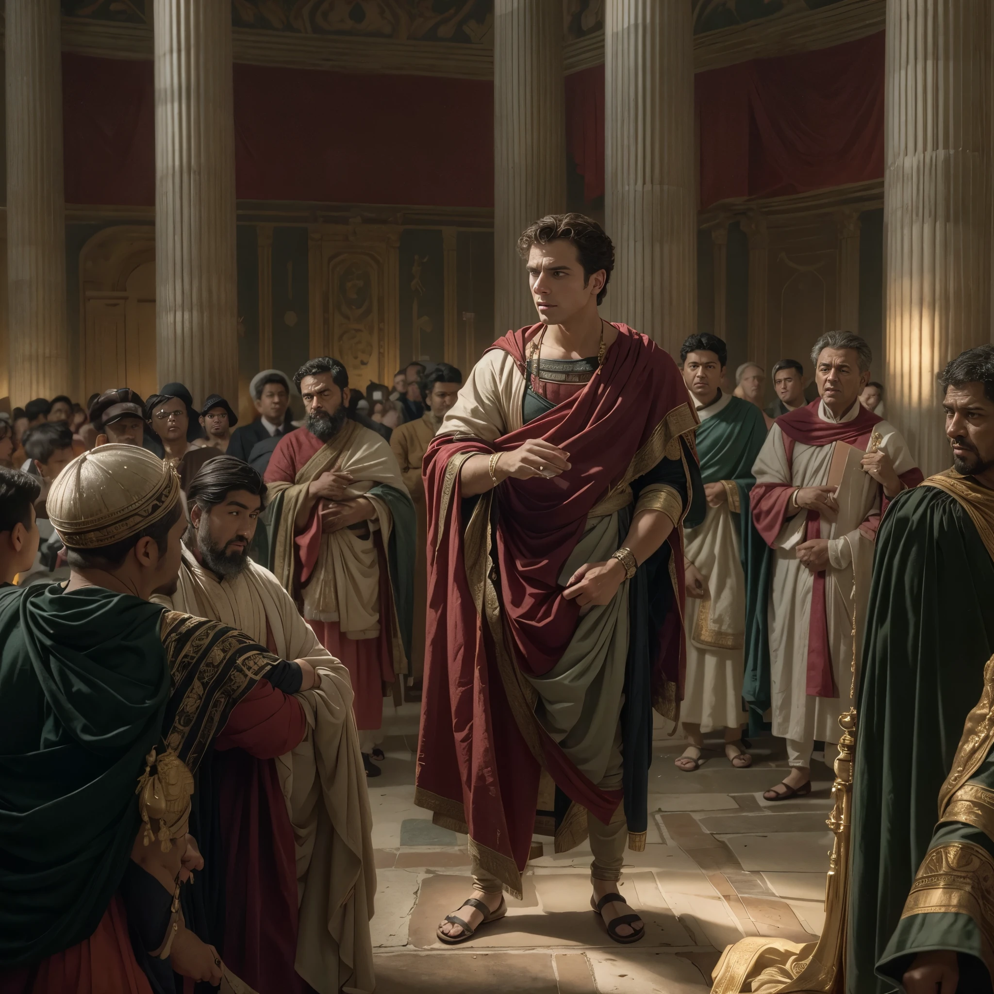 Masterpiece, Rome, 77 BC. A young ((((23-year-old)) Julius Caesar)), giving a speech inside the Basilica Sempronia, ((charismatic expression)). ((((roman clothings from the 1st century BC)))) ((ancient rome hairstyle)), 16K, ultra high res.photorealistic, UHD, RAW