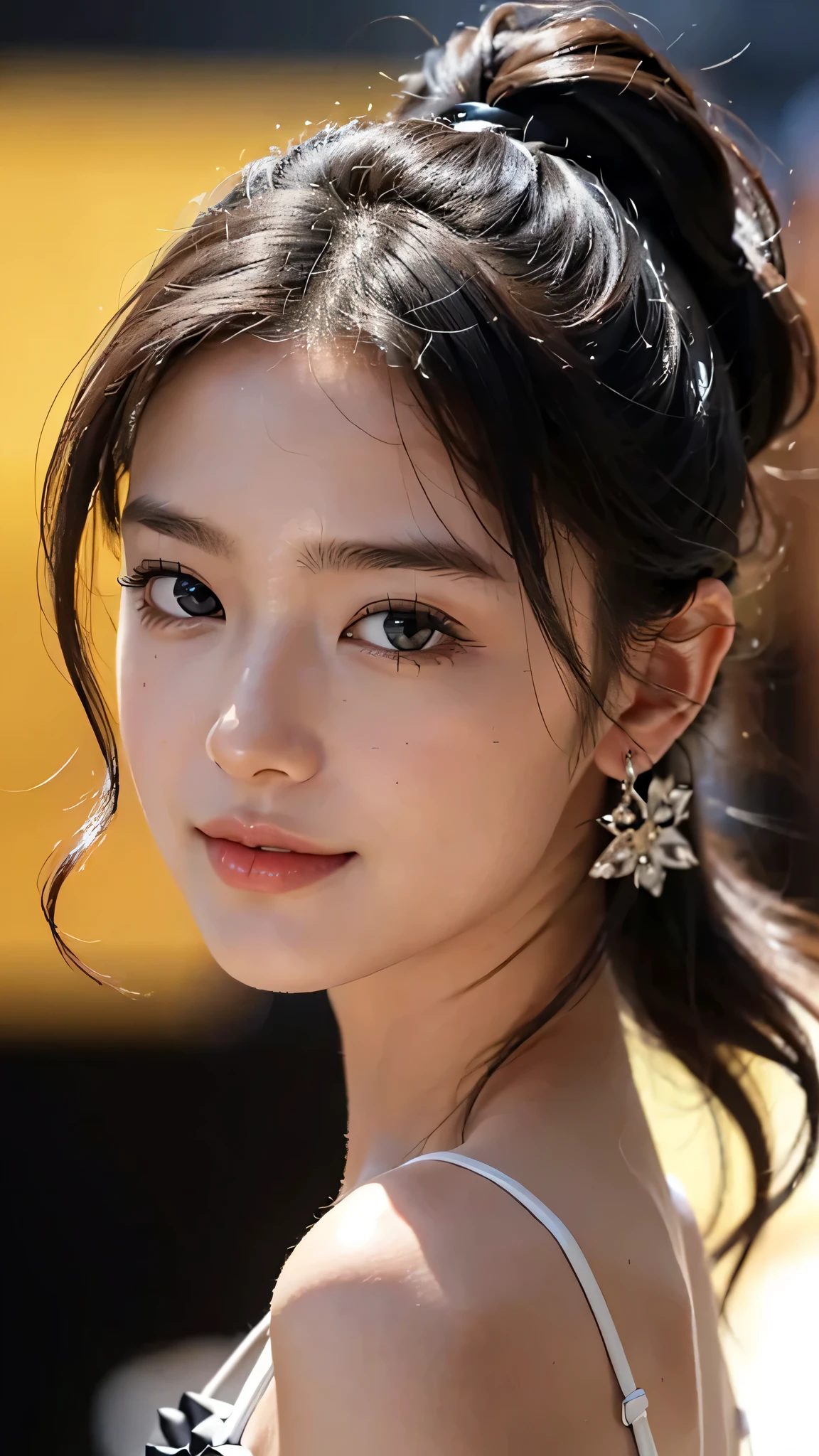 One woman,fully body photo,masutepiece, The highest image quality, High quality, the background is clear,Beautiful woman, Japanese, Detailed, Detailed eyes, Detailed skin, Beautiful skin, 超hight resolution, (reality: 1.4),Very beautiful woman, Slightly younger face, Beautiful skin, slender, (Ultra photo realsisim), (hight resolution), (8K), (Very detailed) (beautifully detailed eyes), (super detailed), (Detailed face), view the viewer, Fine details, Detailed face, Staring straight ahead, Staring straight ahead, photos realistic, Bright lighting, Professional Lighting, Black hair,poneyTail,a baby face,sixteen years old,Hairstyle is ponytail,long ponytail hairstyle,smile,Orange colored long dress with lots of ruffles, softly shaped skirt,standing on stage,close up of face