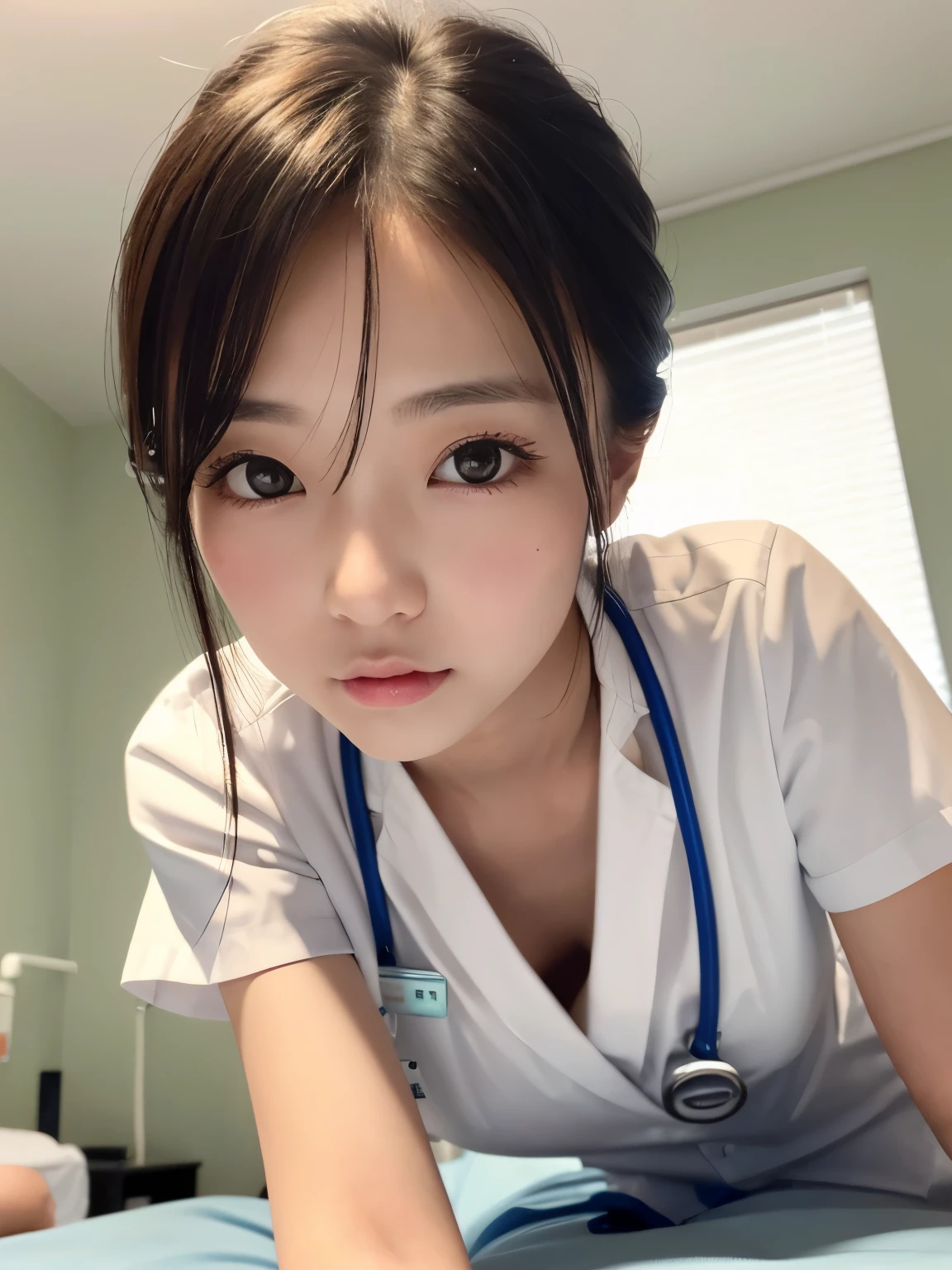 (masterpiece:1.3)、Very fine finish、(High resolution、8k:1.3)、(Highest quality)、(Ultra-realistic as a photo:1.3)、Professional Portrait、Professional Writing、Correct limbs、Anatomically correct, The face is in focus、(Face close-up:1.3)、 Super high definition color、The face is in focus、Ultra high definition and beautiful eyes、Concentrated eyes、Eyes are symmetrical:1.3、High quality and beautiful skin、Firm Skin、Ultra HD Hair Texture、Japanese women、20-year-old、very cute, Half Up:1.3, nurse、nurse break (White nursing uniform、white nurse uniform:1.3),Hospital room, (Embarrassing:1.3), (blush:1.3), (Strange facial expression:1.3), Mr..々Shooting angle:1.3, View your viewers, Browsing Caution, (All fours pose:1.3)、Open your mouth and lick your fingers:1.2