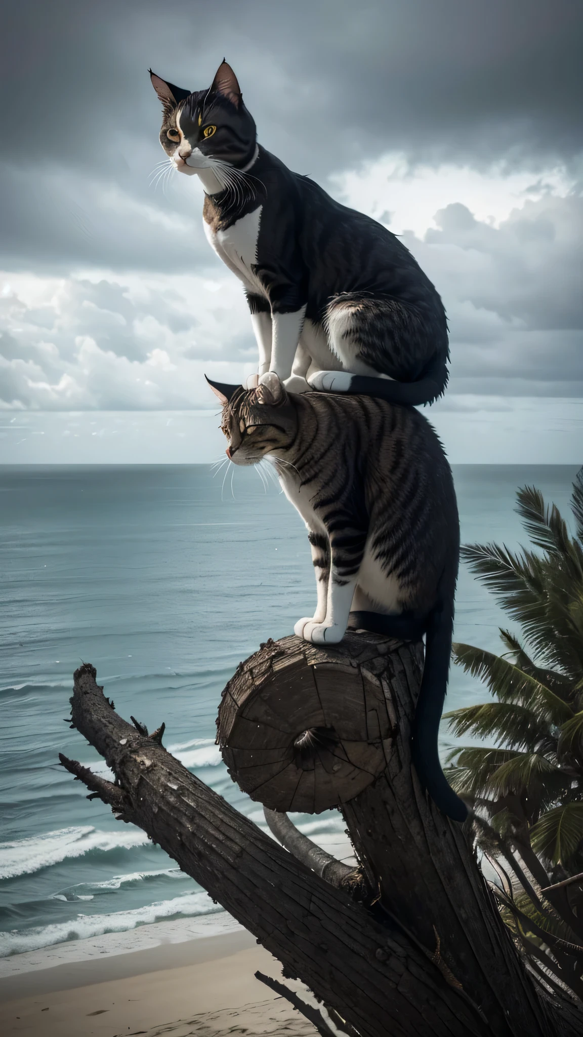 In a beachside portrait, a resilient cat perches atop a fallen palm tree against a backdrop of gray, cloudy skies. With an aura of quiet strength, the cat gazes out from its elevated vantage point, embodying resilience amidst the desolate beach scene. Despite the gloomy weather, the cat's presence adds a touch of serene majesty to the coastal landscape.