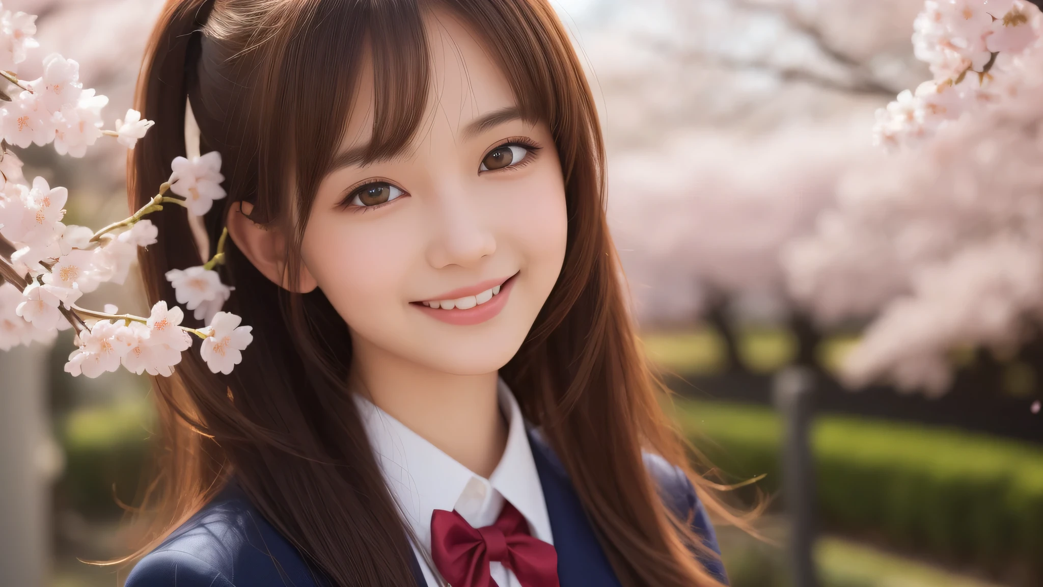 (1 girl), (big round eyes), brown eyes, (high school uniform:1.2), (highest quality: 1.4), (Super detailed), (highest quality:1.4), (Super detailed), evening, very high resolution, close up face, anime, anime illustration, wonderful, neat, smile, cherry blossoms