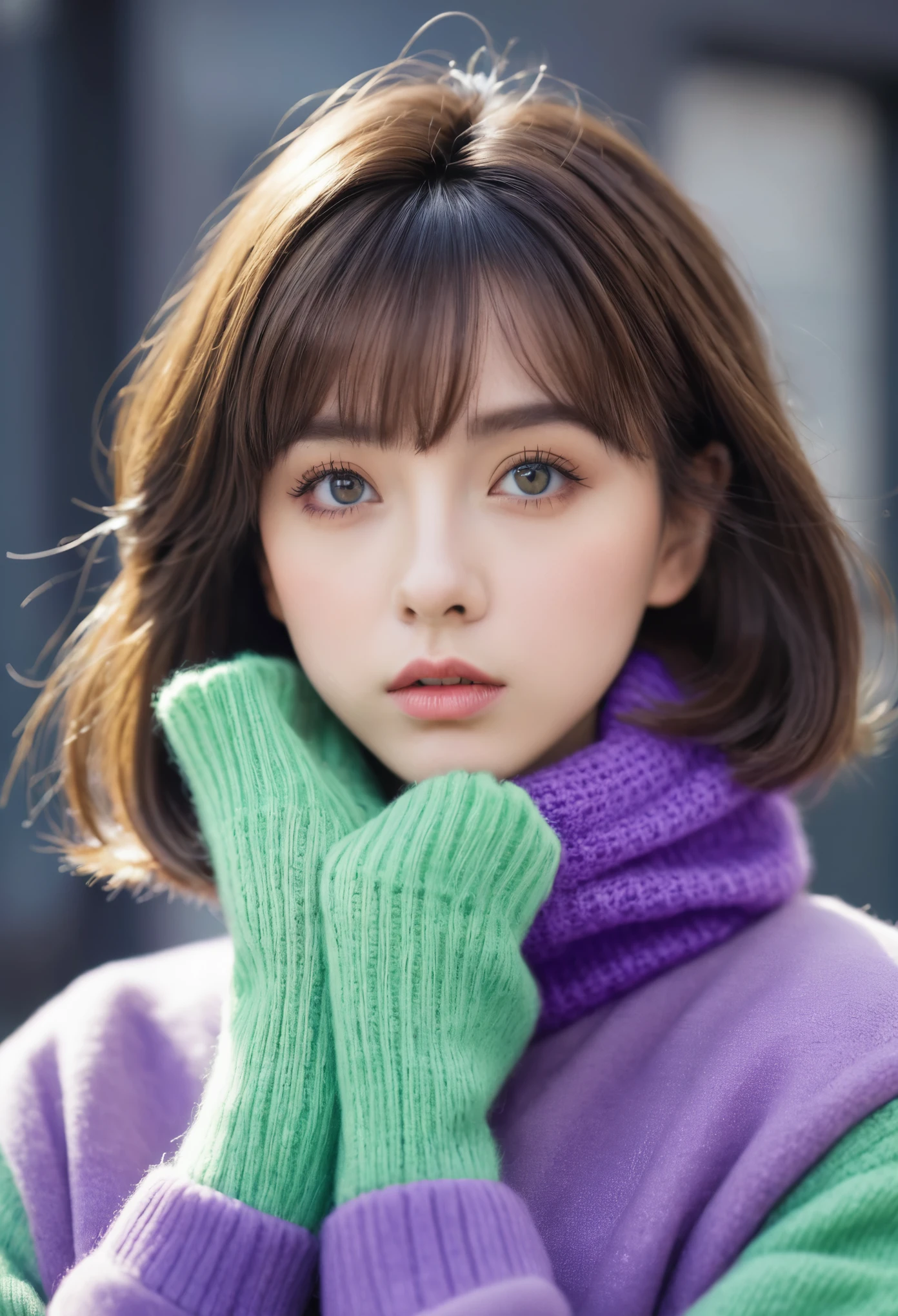 girl, brown hair, bob hairstyle, Have bangs, Purple snow jacket with green sweater, hands crossed, Slightly serious expression, big eyes, White gloves, blue eyes,