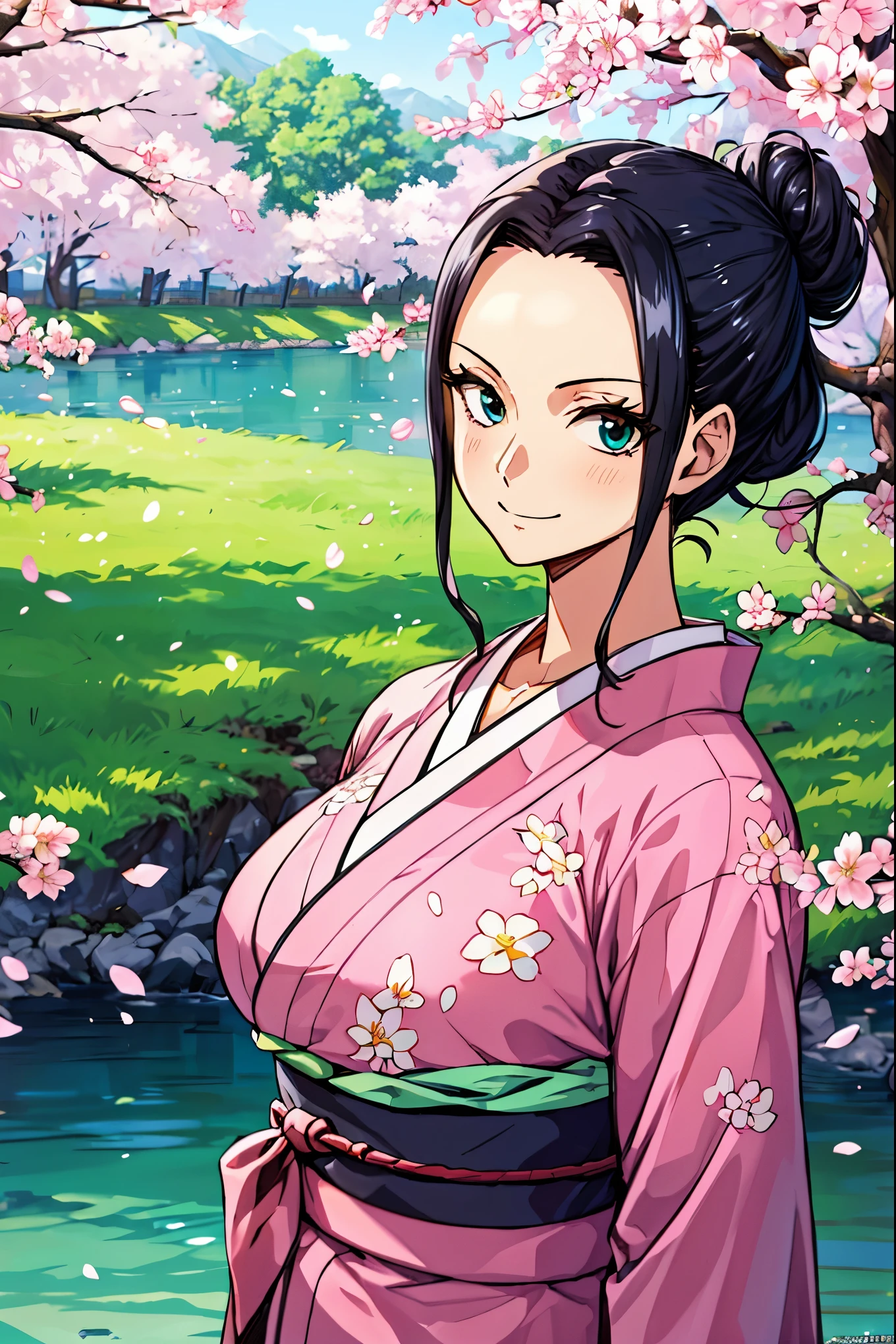 masterpiece, highest quality, 8K, ultra high resolution, highest quality, anime style, best writing, beautiful face,
Nico Robin, wano style, 1 girl, aqua eye, black hair, closed your mouth, 最高のsmile
(half updo:1.3), luxurious kimono, big breasts, long hair, 非常にlong hair, free pose, smile, alone, Are standing, Cherry blossom trees, River side, ((masterpiece)) , upper body