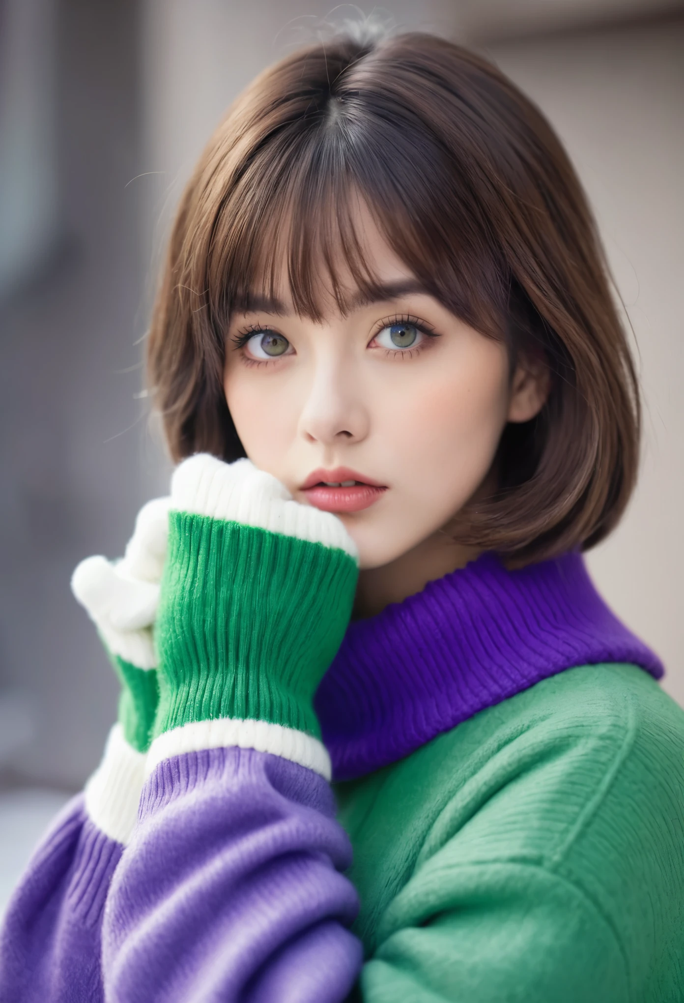 girl, brown hair, bob hairstyle, Have bangs, Purple snow jacket with green sweater, hands crossed, Slightly serious expression, big eyes, White gloves, blue eyes,