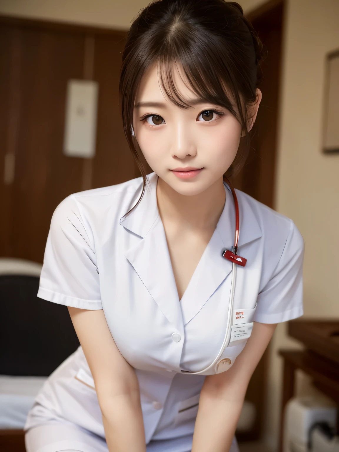 (masterpiece:1.3)、Super detailed finish、(High resolution、8k:1.3)、(highest quality)、(Super realistic like a photo:1.3)、professional portrait、professional writing、correct limbs、anatomically correct, The face is in focus、close up on face:1.3、 ultra high definition face、Face is in focus、Ultra high definition and beautiful eyes、(focused eyes、eyes that are not too big、Eyes are symmetrical:1.3)、High-definition and beautiful skin、firm skin、Ultra high definition hair texture、japanese woman、20 years old、very cute, half updo:1.3, nurse、nurse break (White nursing uniform、white nurse uniform:1.3),hospital room, (embarrassed:1.3), (blush:1.3), (Strange look:1.3), Mr.々shooting angle:1.3, looking at viewer, nsfw, (all fours pose:1.3)、Awkward pose、I have my mouth slightly open、medium breast