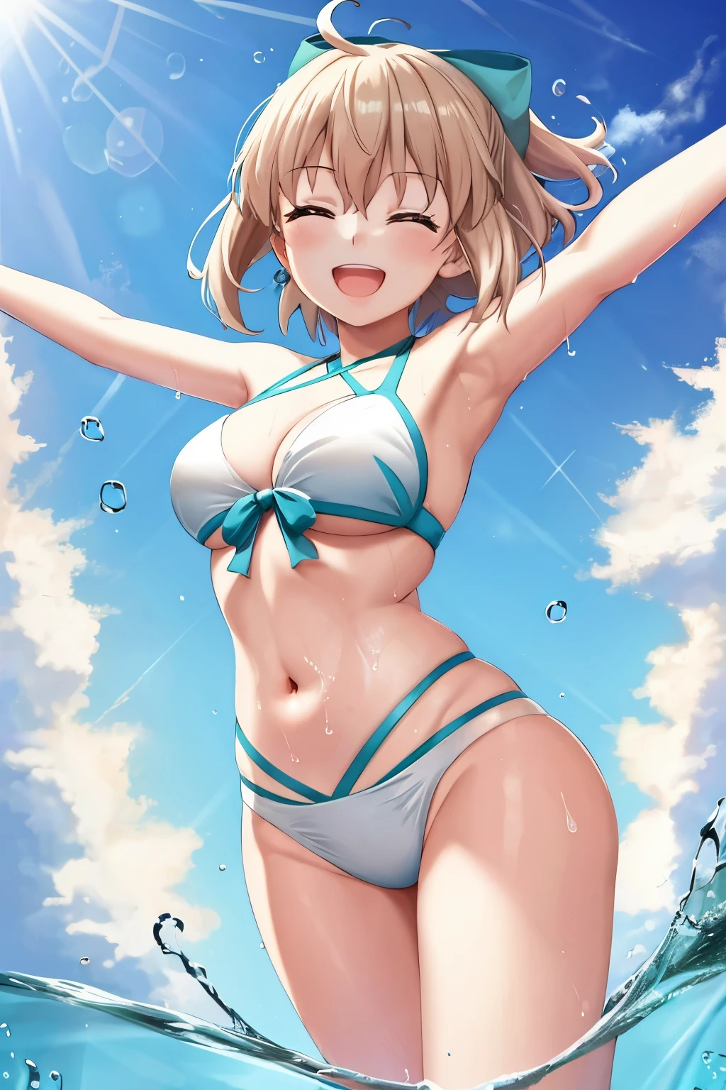 masterpiece, best quality,extremely detailed CG unity 8k wallpaper,
1girl,okita souji \(fate\), swimsuit,bikini,
smile,open_mouth,dynamic_jumping,sunlight,splash_of_water,happy,closed_eyes,selfie